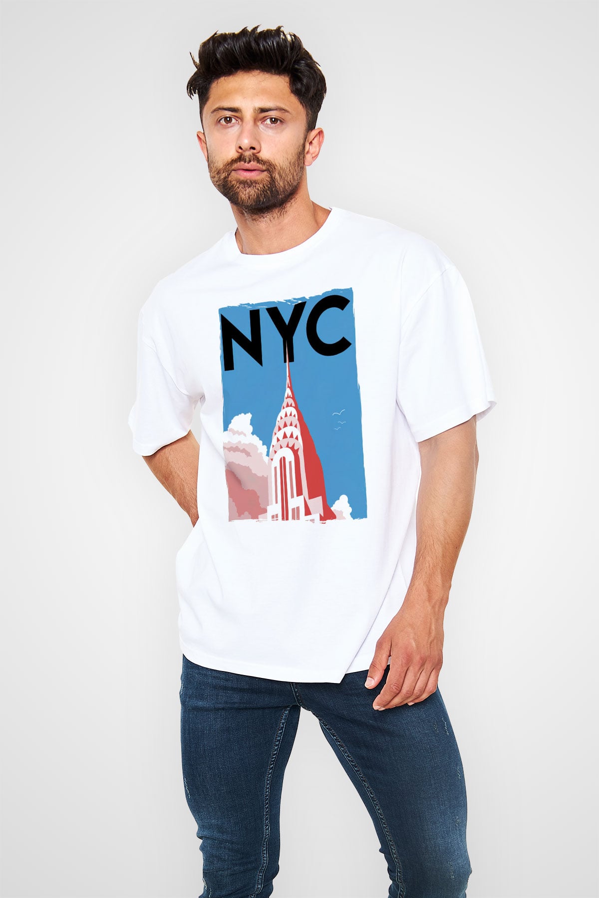 Chrysler Binası Beyaz Oversize Tişört Oversize T-shirt - TişörtFabrikası