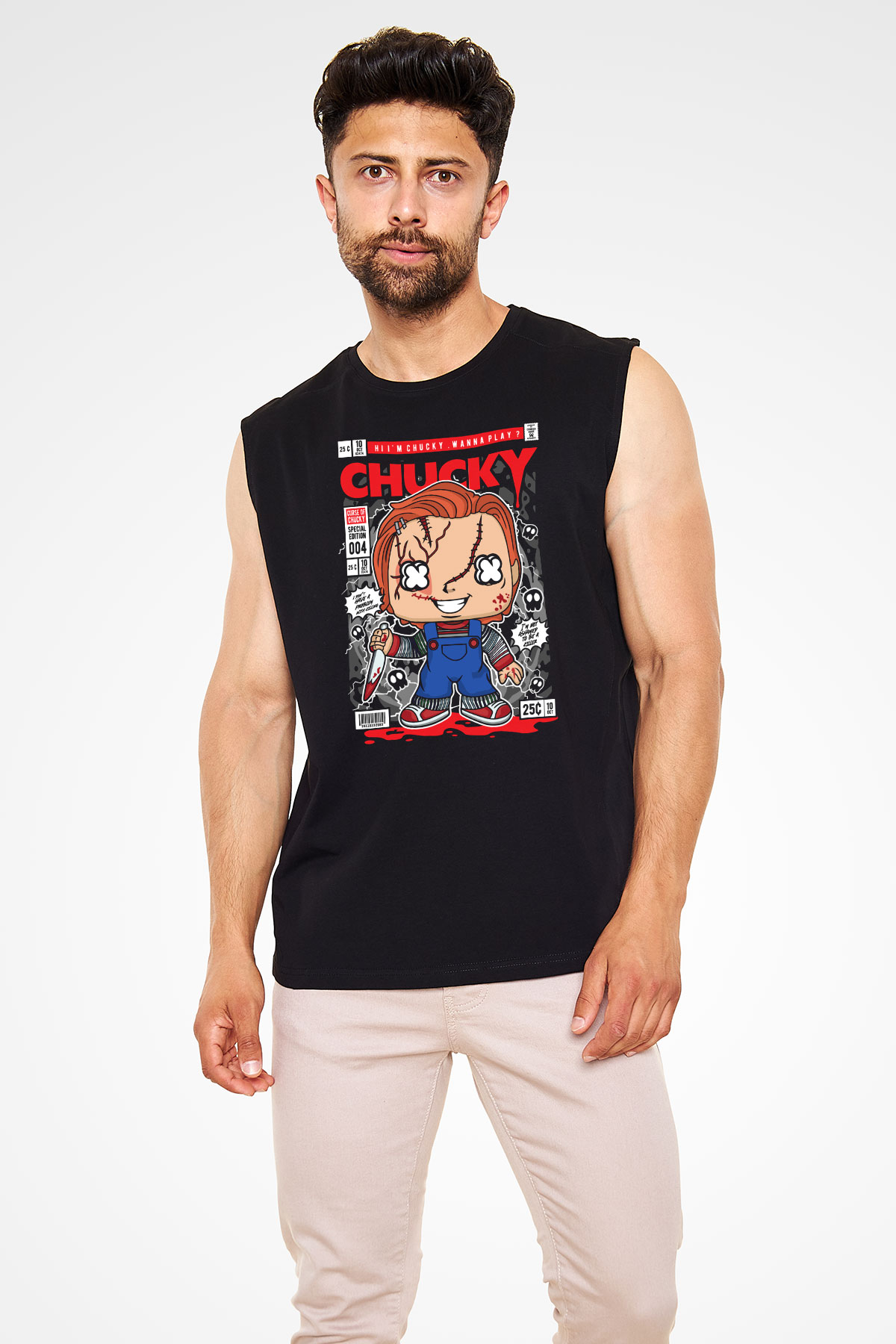 Chucky Baskılı Unisex Siyah Kolsuz Tişört