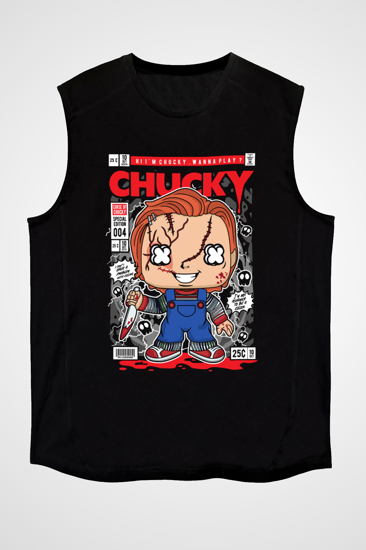 Chucky Baskılı Unisex Siyah Kolsuz Tişört