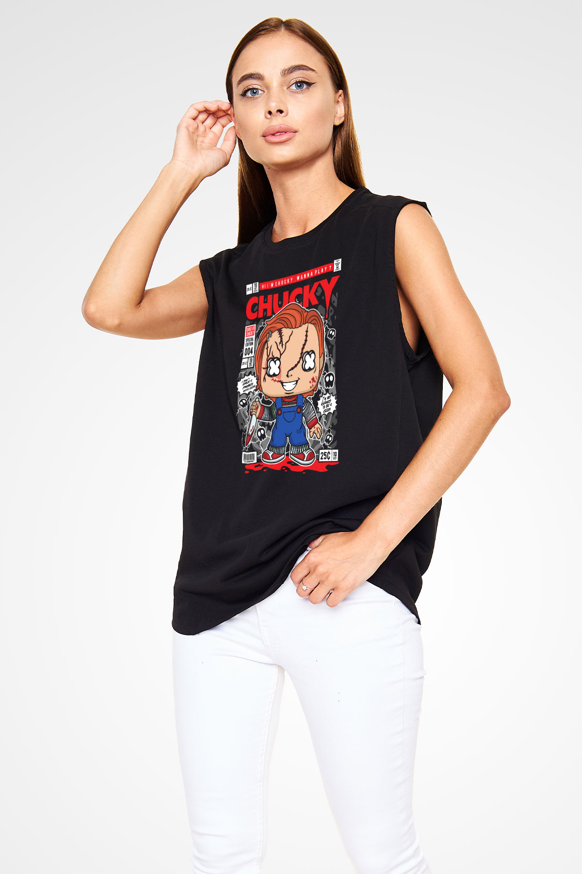 Chucky Baskılı Unisex Siyah Kolsuz Tişört