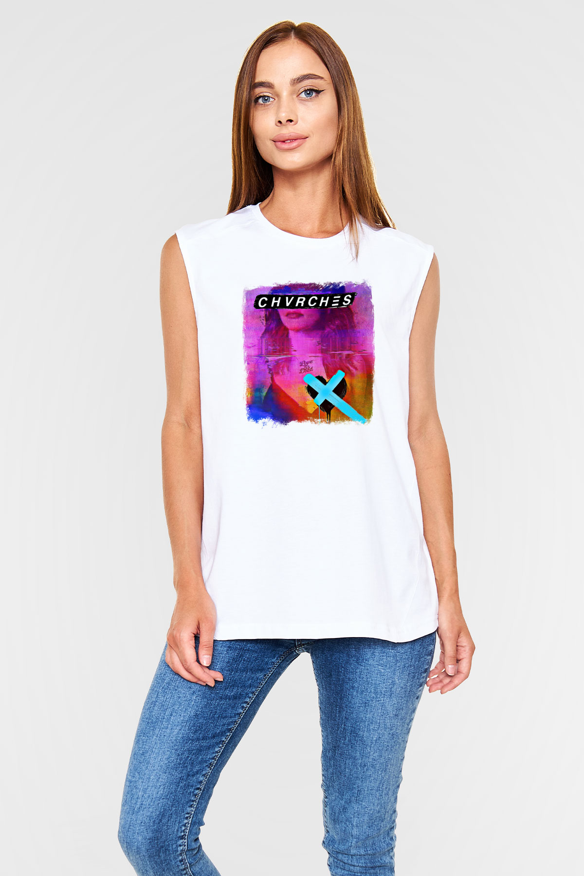 CHVRCHES Baskılı Unisex Beyaz Kolsuz Tişört