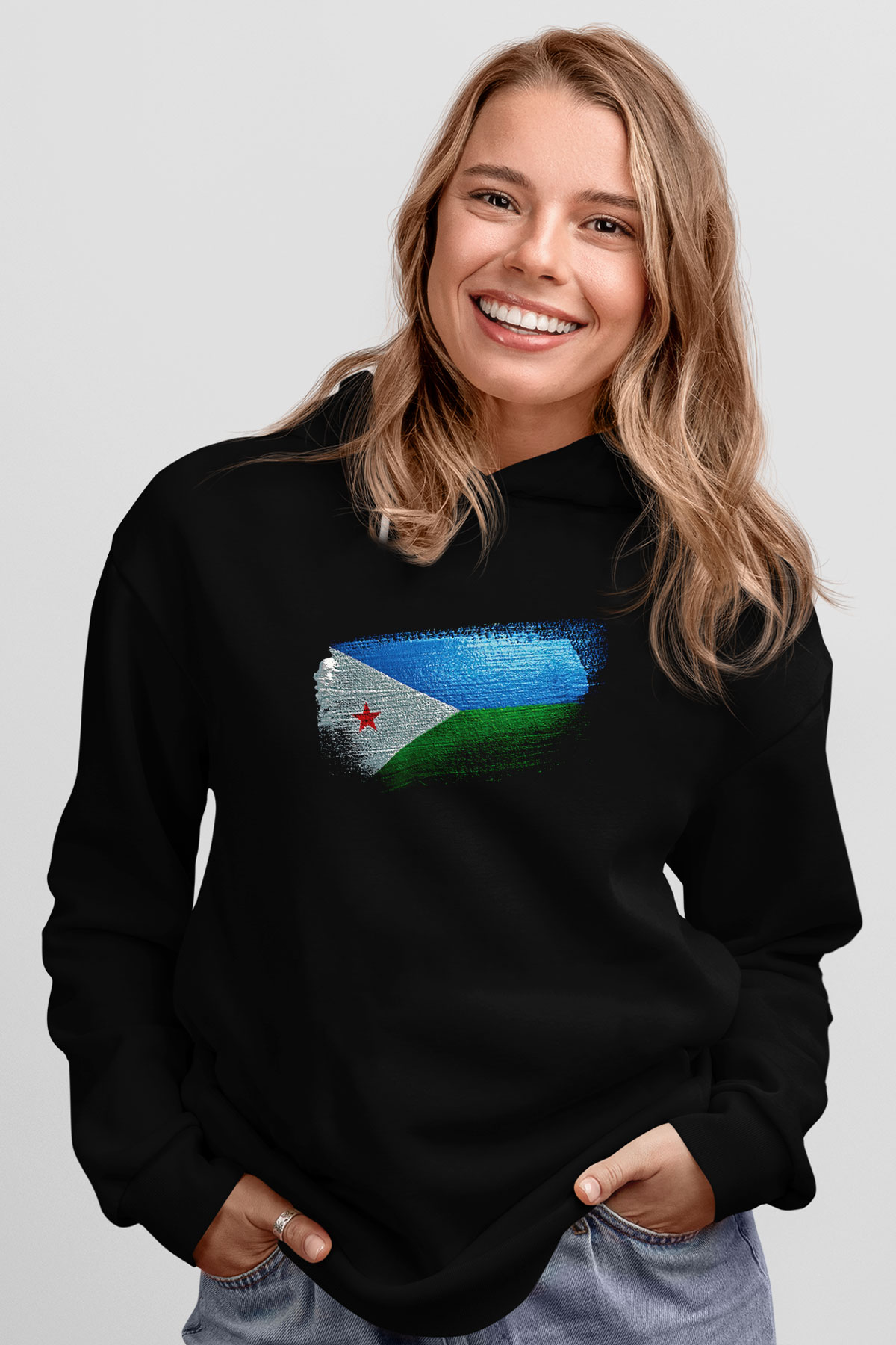 Cibuti - Djibouti Bayrağı Baskılı Unisex Siyah Hoodie