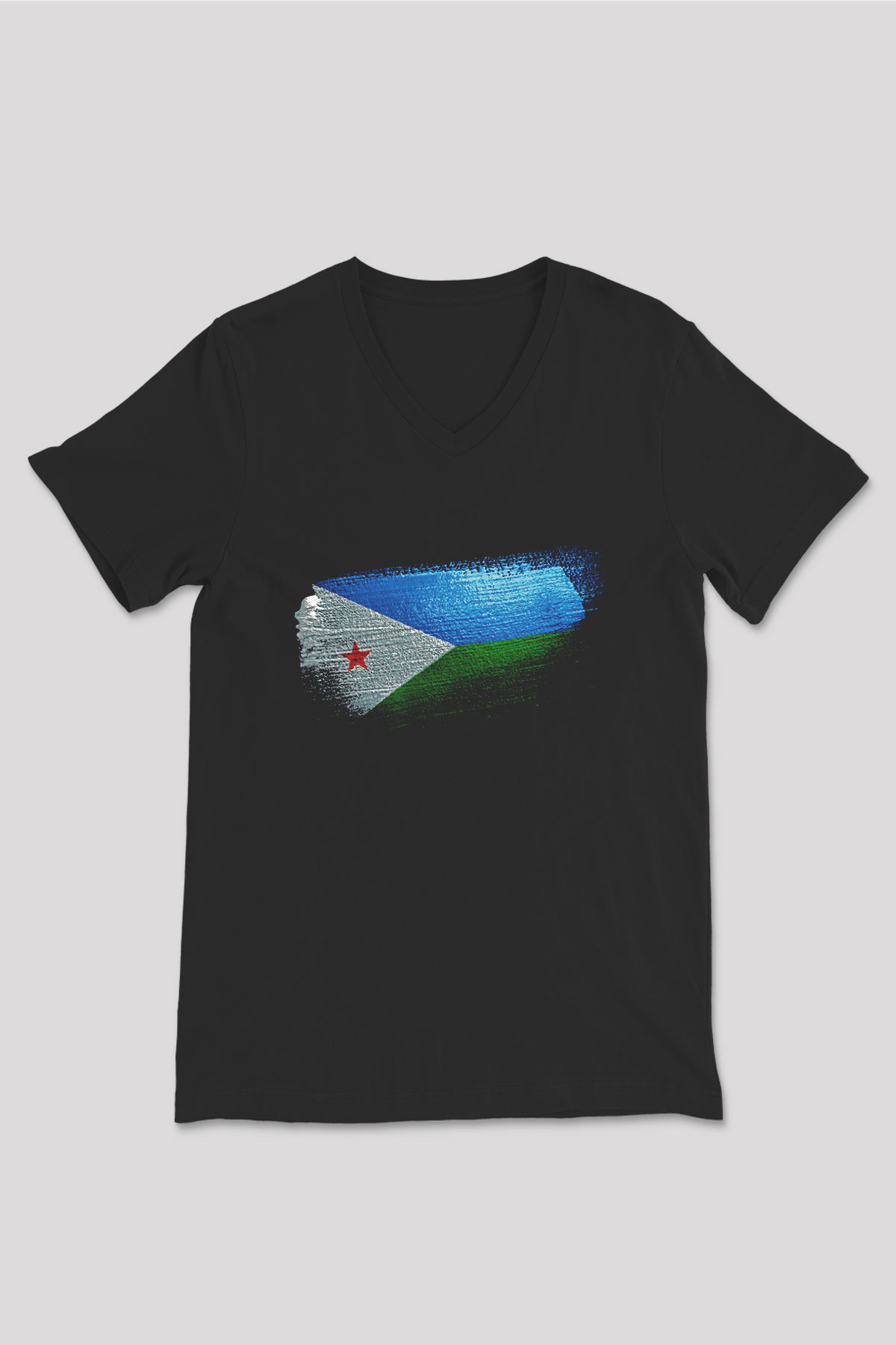 Cibuti - Djibouti Bayrağı Baskılı Unisex Siyah V Yaka Tişört