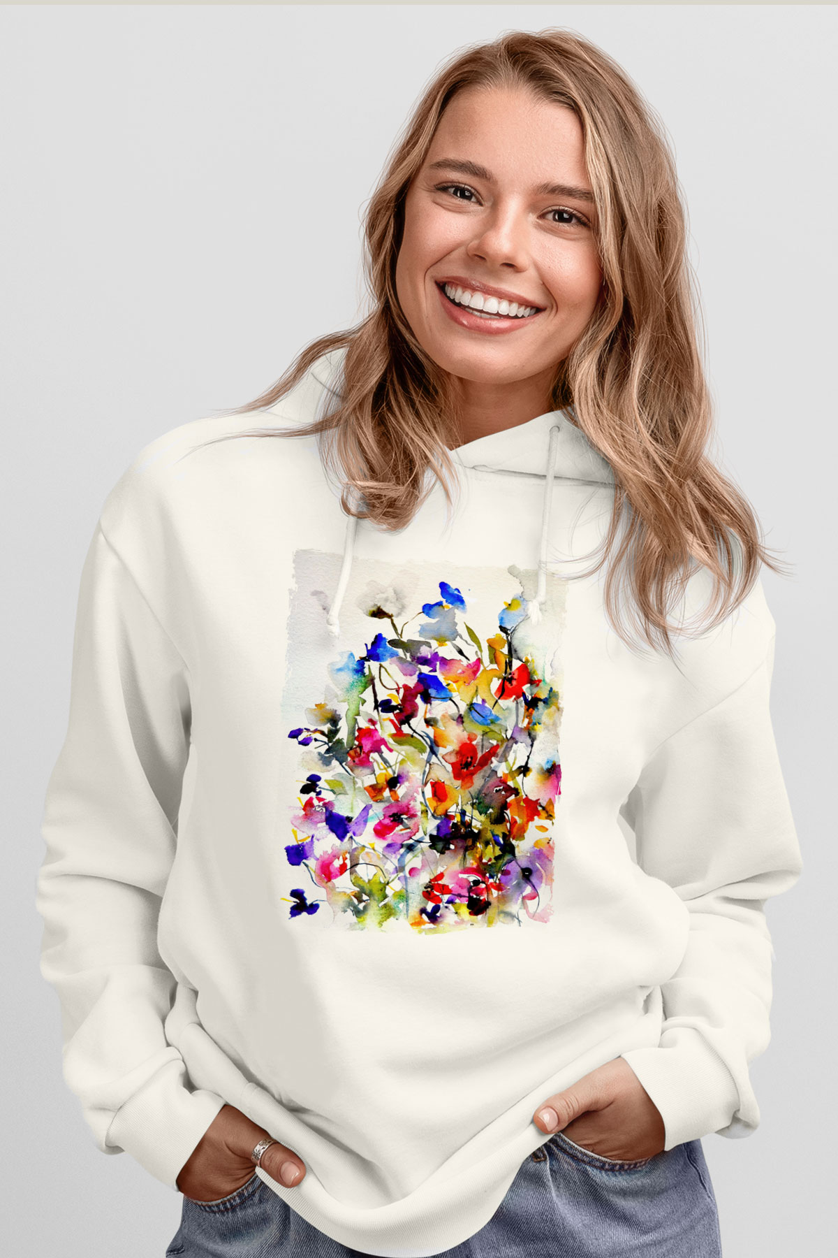 Çiçek Beyaz Unisex Hoodie