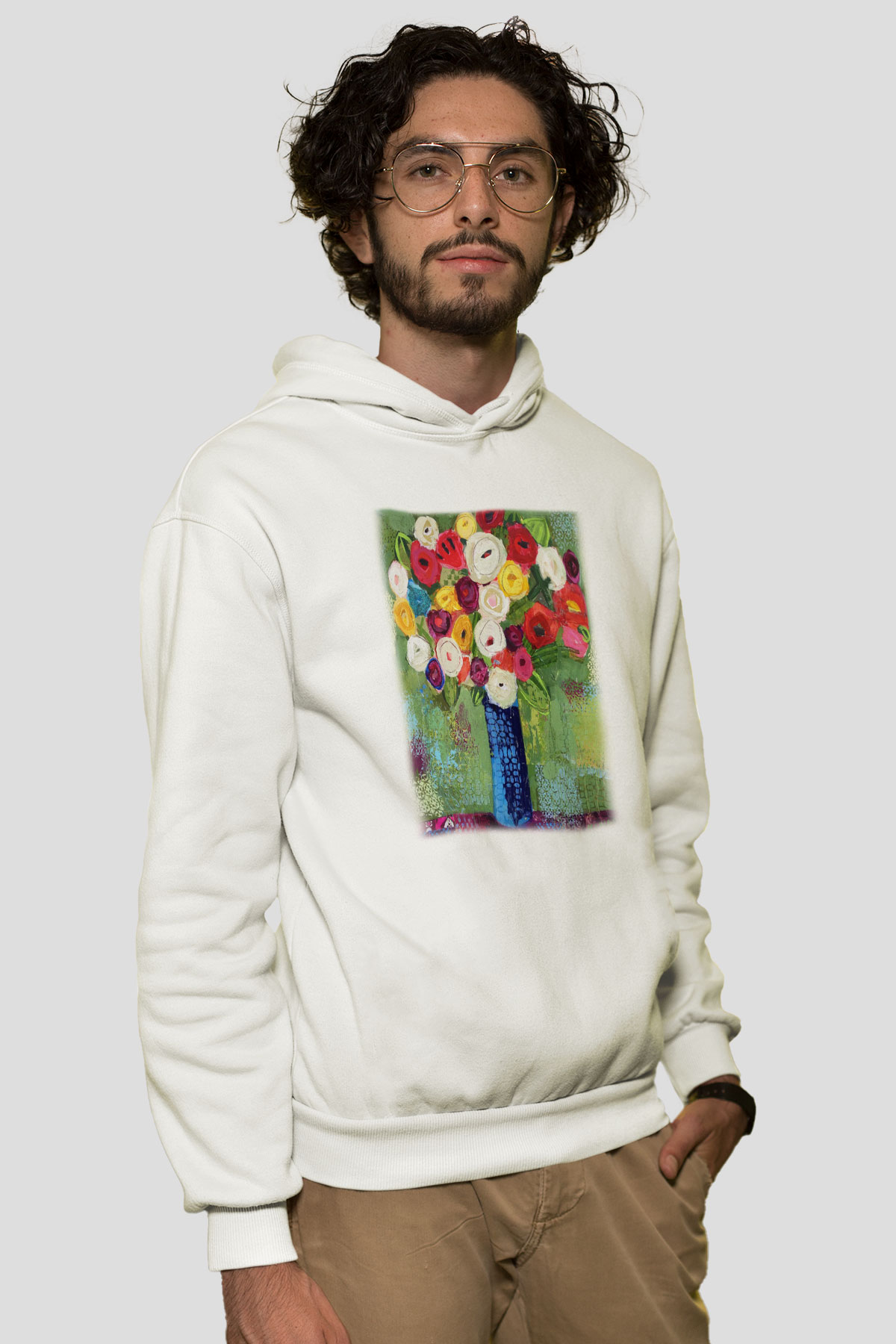 Çiçek Beyaz Unisex Kapşonlu Sweatshirt