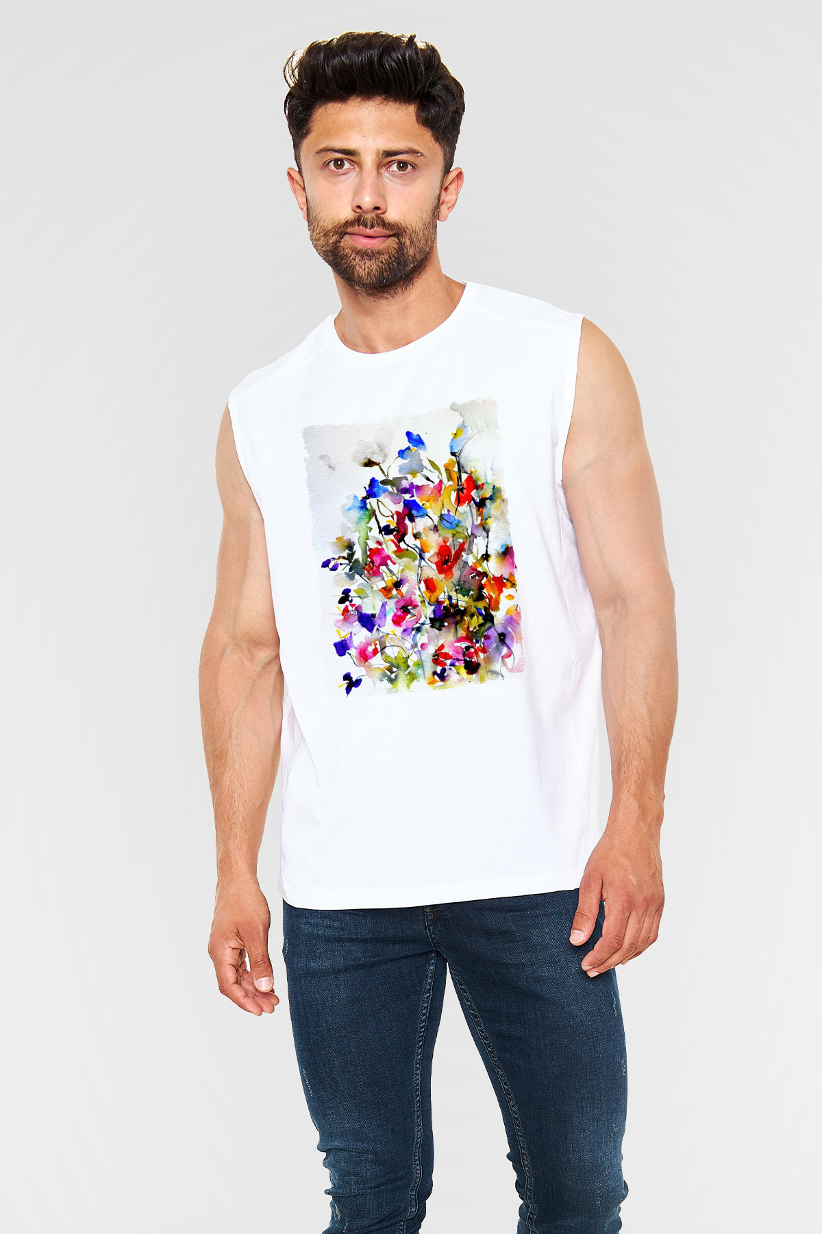 Çiçek Beyaz Unisex Kolsuz Tişört
