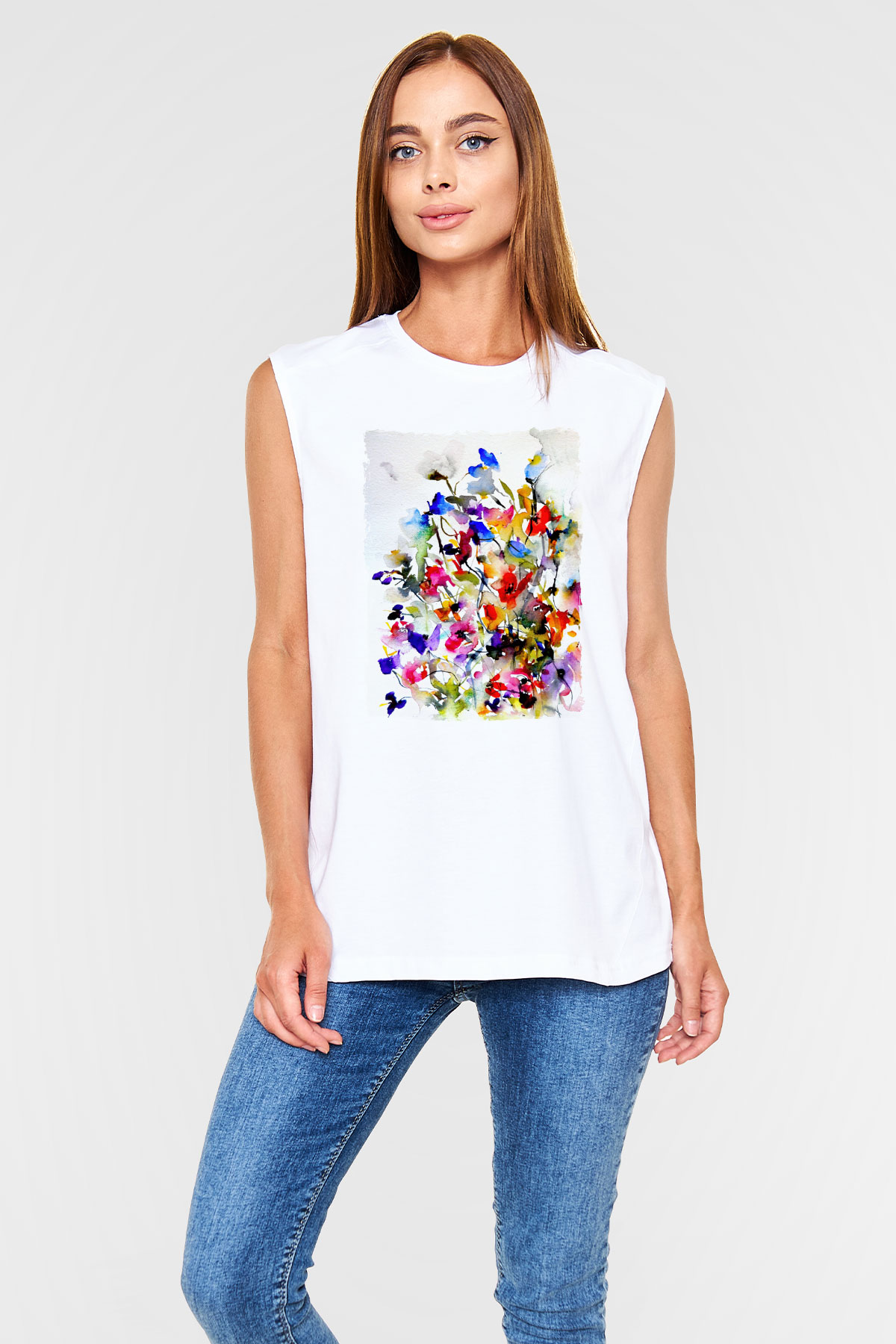 Çiçek Beyaz Unisex Kolsuz Tişört