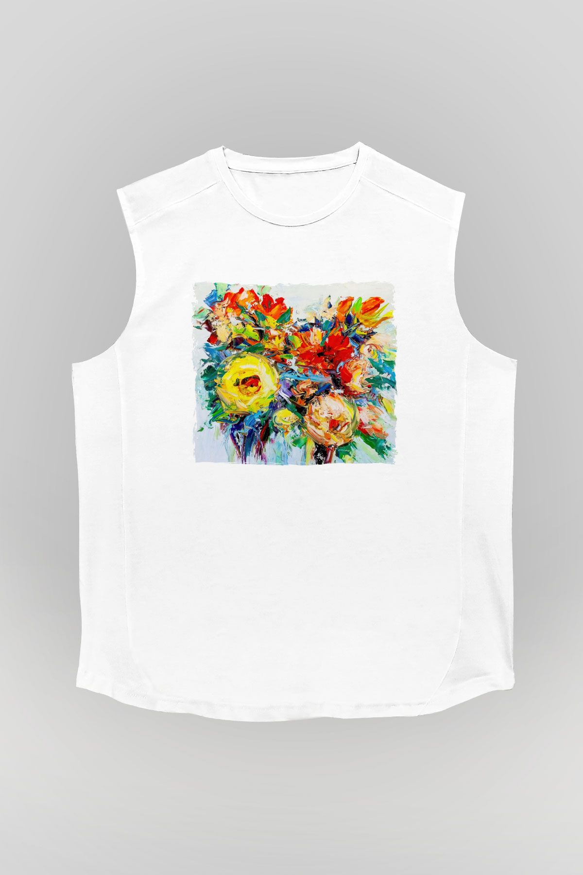 Çiçek Beyaz Unisex Kolsuz Tişört
