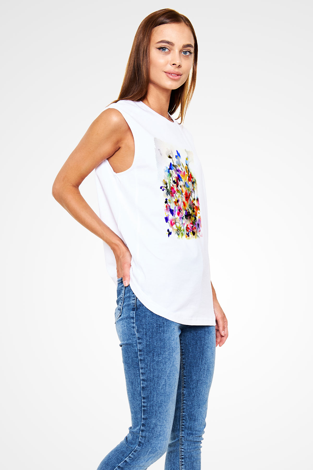 Çiçek Beyaz Unisex Kolsuz Tişört