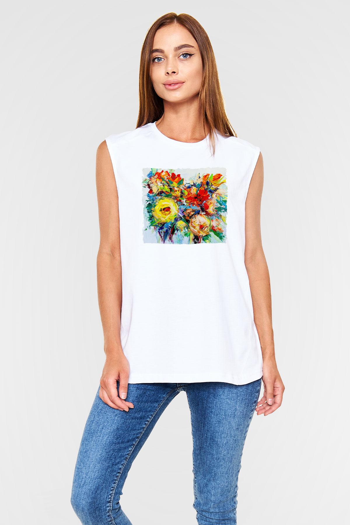 Çiçek Beyaz Unisex Kolsuz Tişört