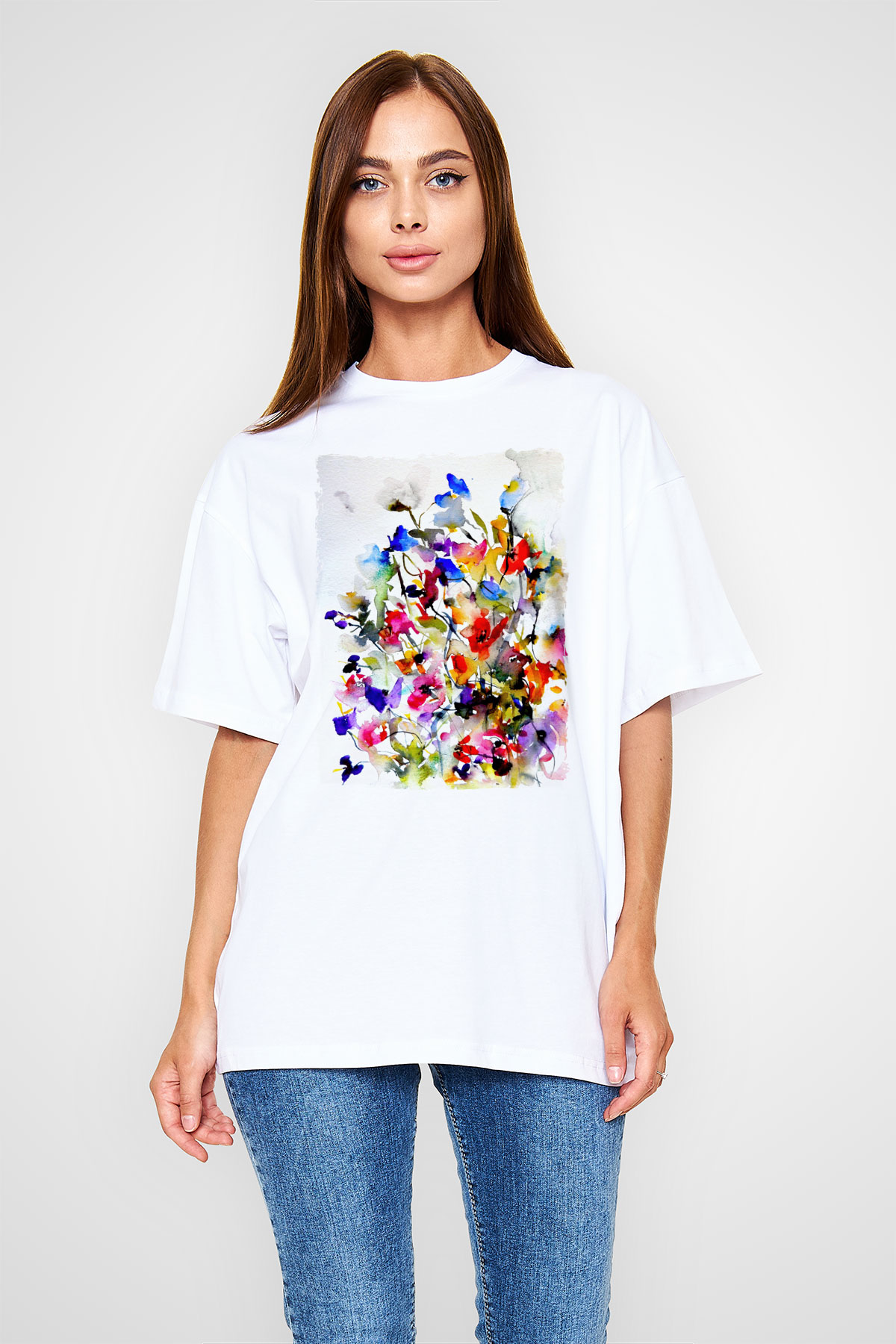 Çiçek Beyaz Oversize Tişört Oversize T-shirt - TişörtFabrikası