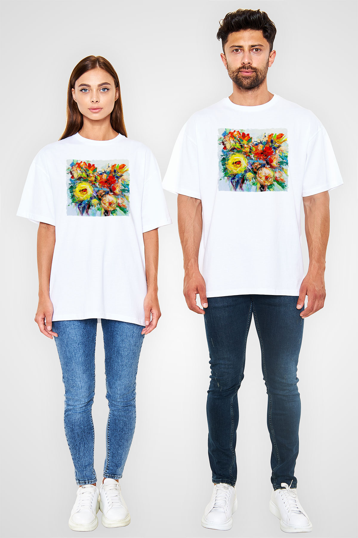 Çiçek Beyaz Oversize Tişört Oversize T-shirt - TişörtFabrikası