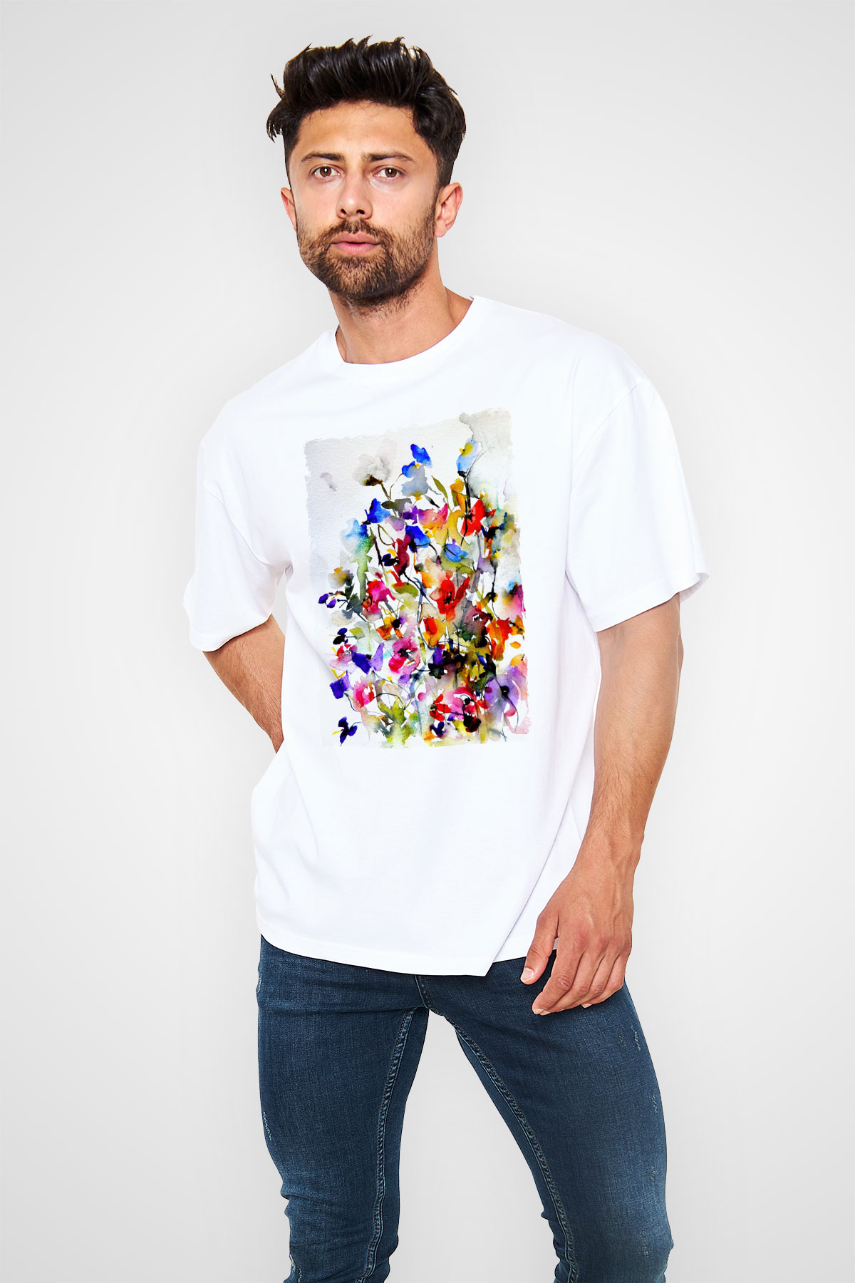 Çiçek Beyaz Oversize Tişört Oversize T-shirt - TişörtFabrikası