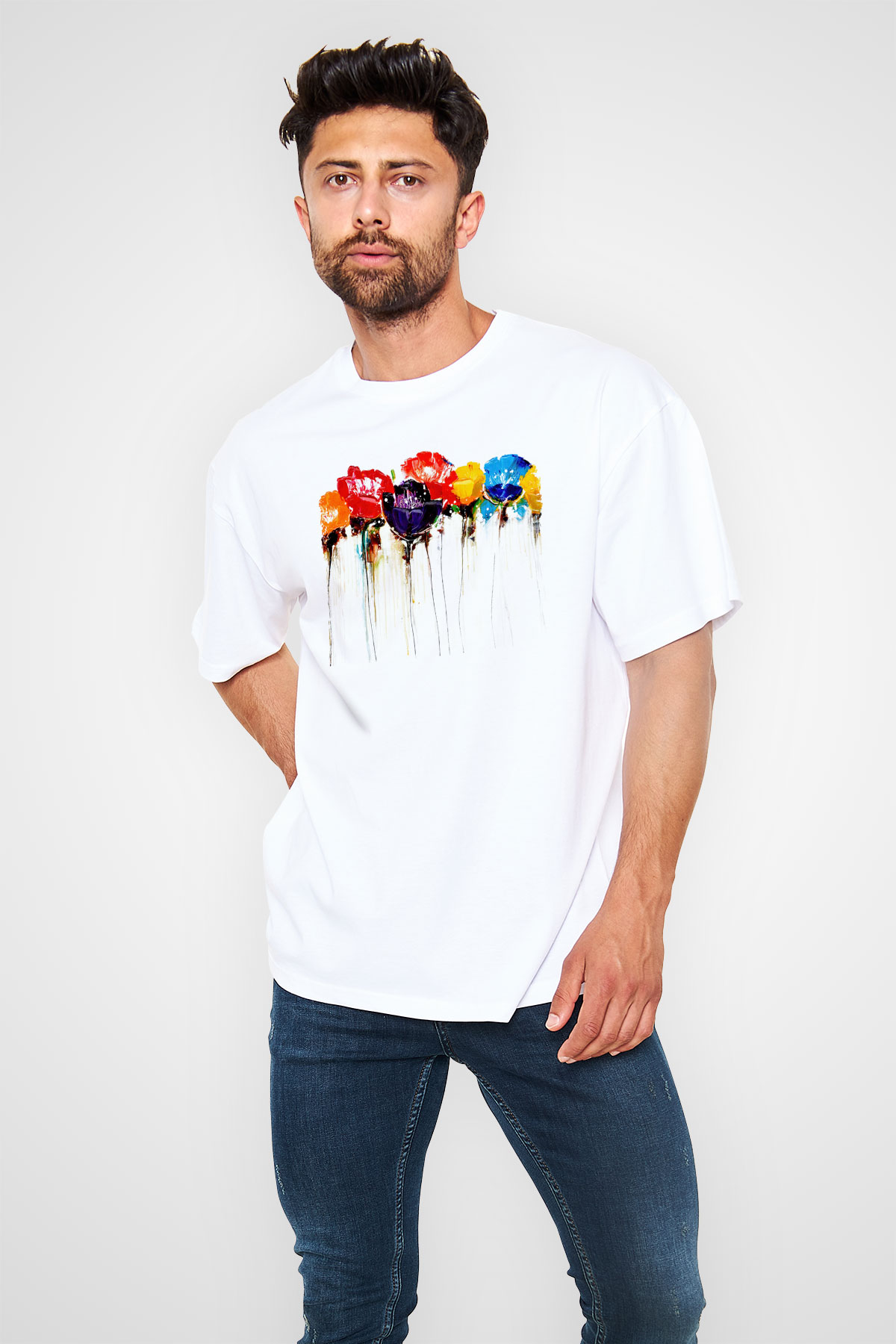 Çiçek Beyaz Oversize Tişört Oversize T-shirt - TişörtFabrikası