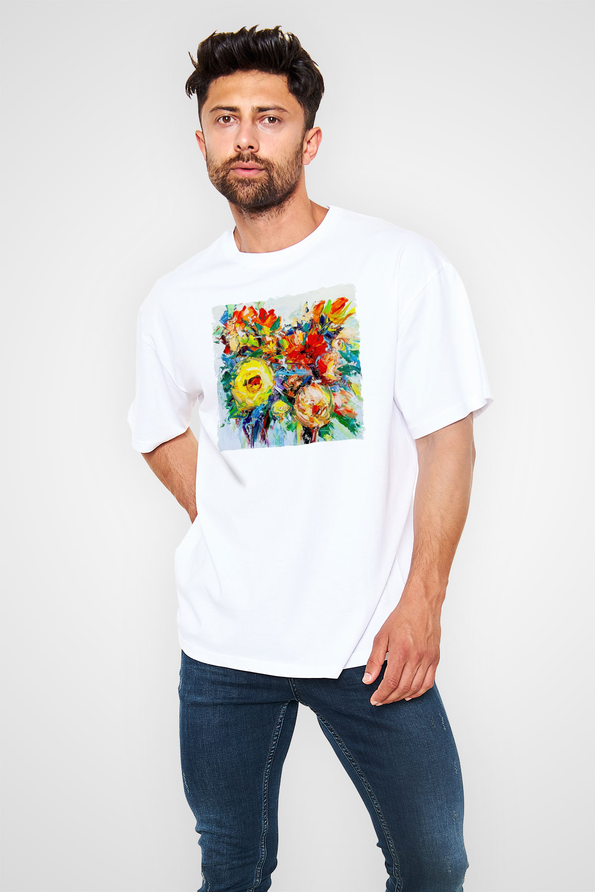 Çiçek Beyaz Oversize Tişört Oversize T-shirt - TişörtFabrikası