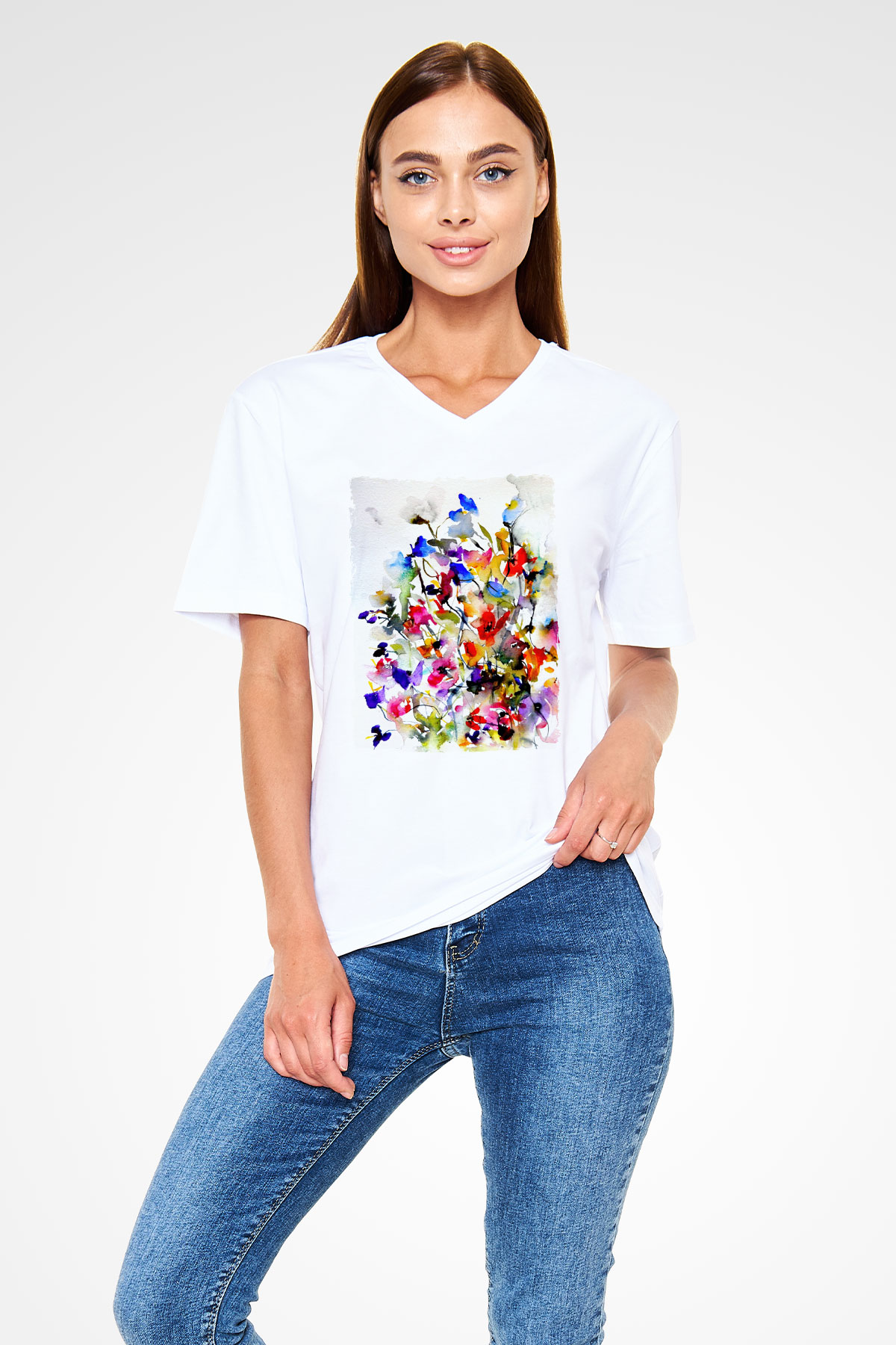 Çiçek Beyaz Unisex V Yaka Tişört