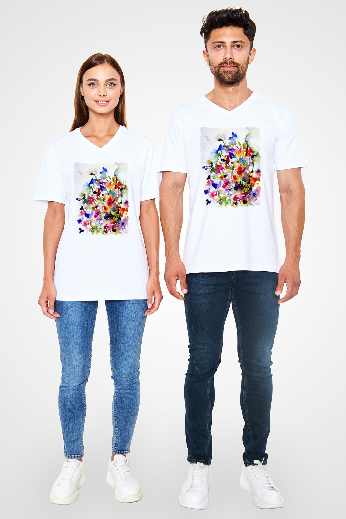 Çiçek Beyaz Unisex V Yaka Tişört