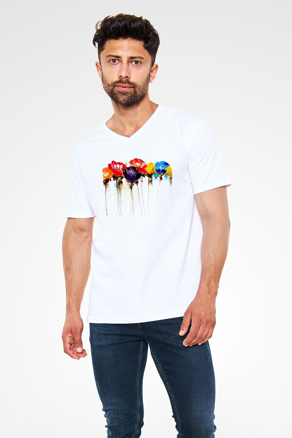 Çiçek Beyaz Unisex V Yaka Tişört