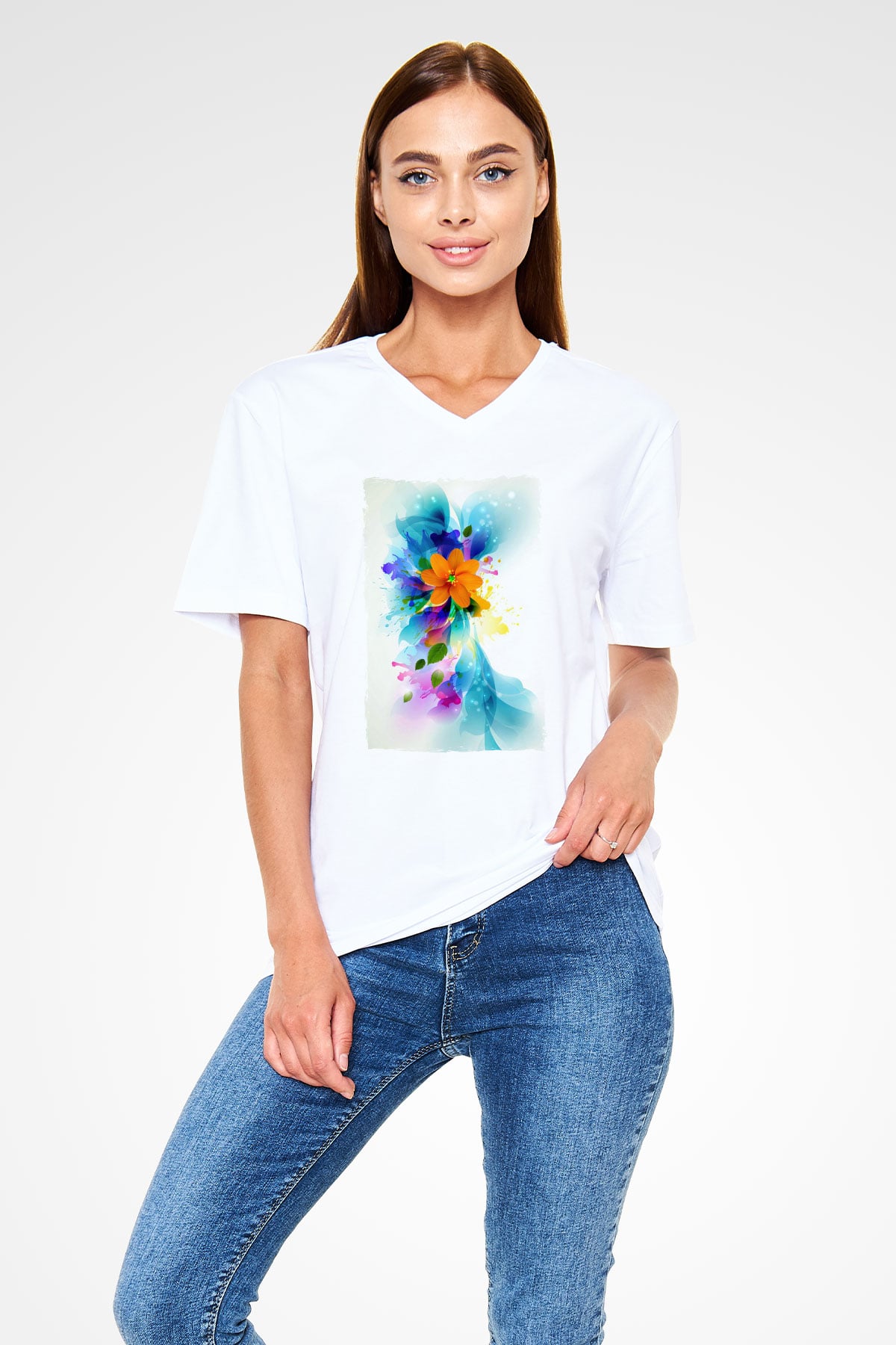 Çiçek Beyaz Unisex V Yaka Tişört