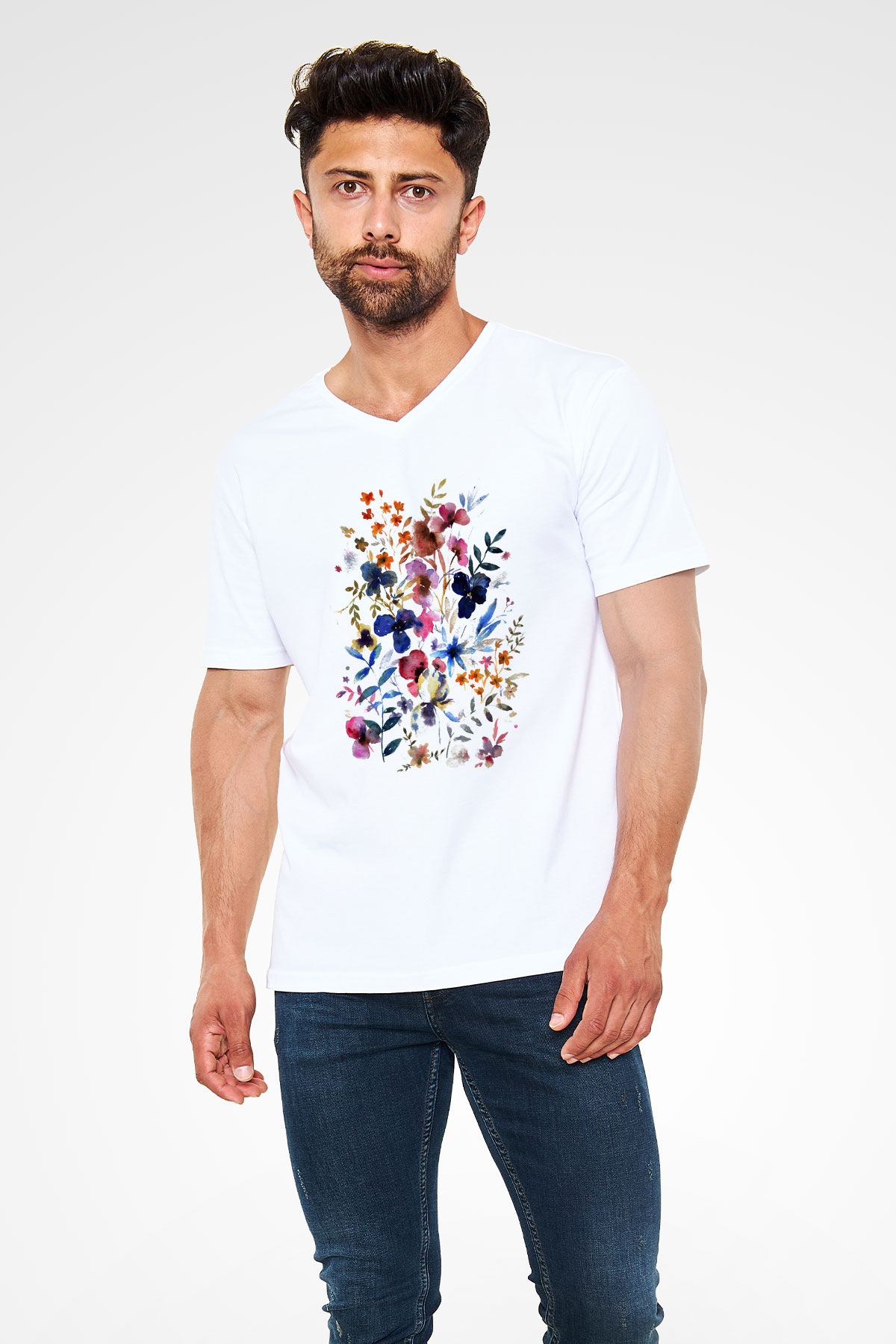 Çiçek Beyaz Unisex V Yaka Tişört T-Shirt