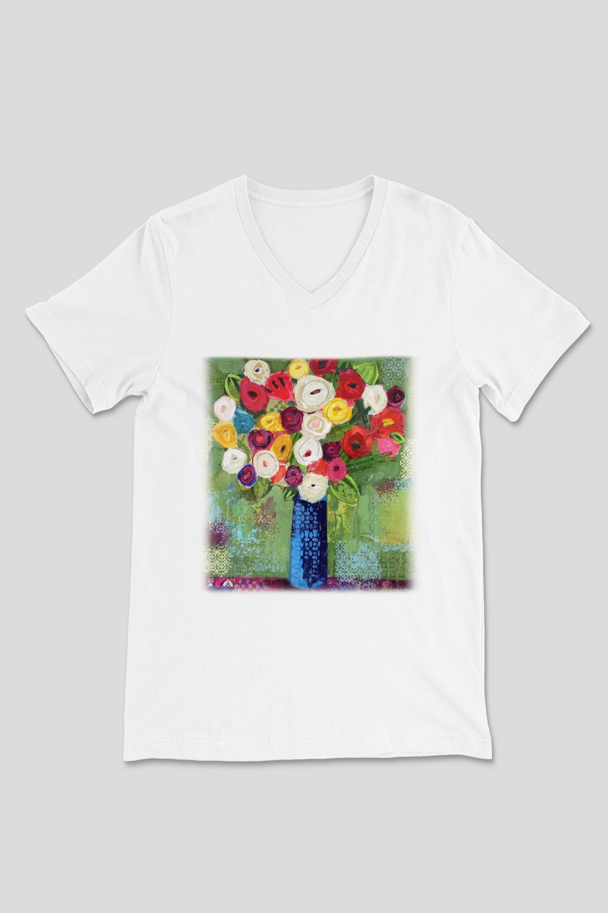 Çiçek Beyaz Unisex V Yaka Tişört T-Shirt