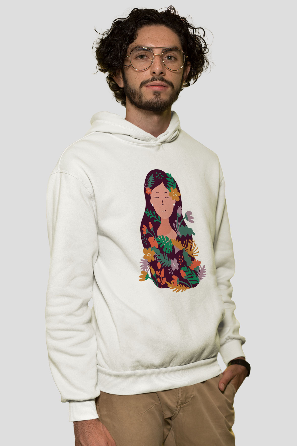 Çiçekçi Beyaz Unisex Kapüşonlu Sweatshirt
