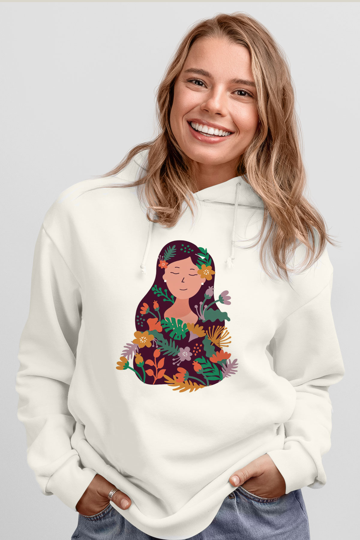 Çiçekçi Beyaz Unisex Kapüşonlu Sweatshirt