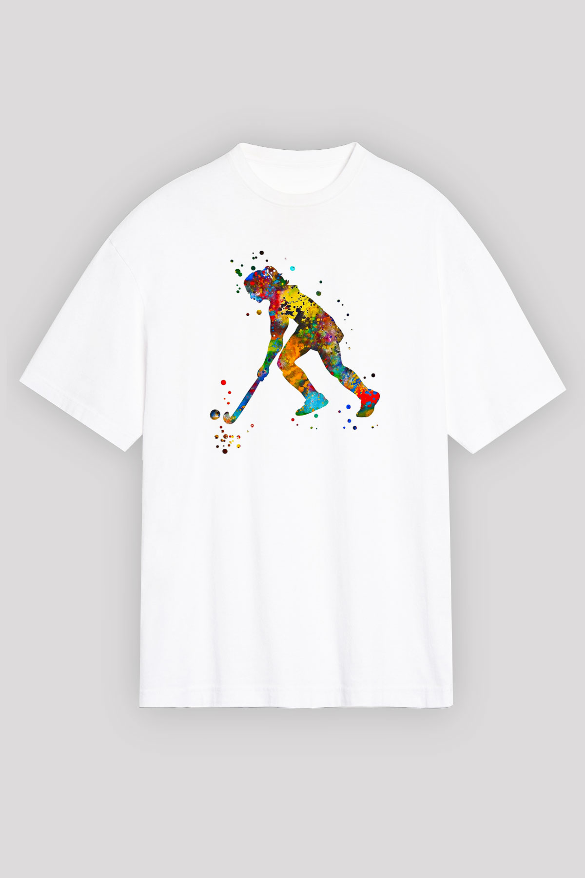 Çim Hokeyi Baskılı Unisex Beyaz Oversize Tişört - Tshirt