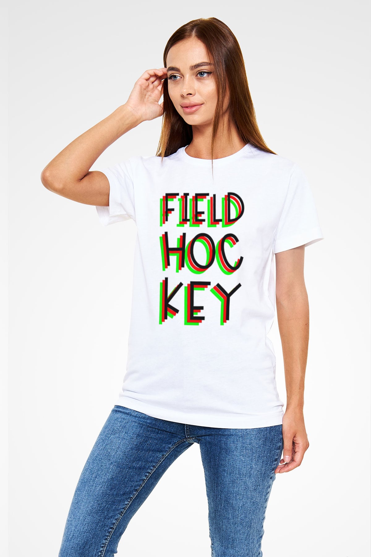 Çim Hokeyi Baskılı Unisex Beyaz Tişört - Tshirt