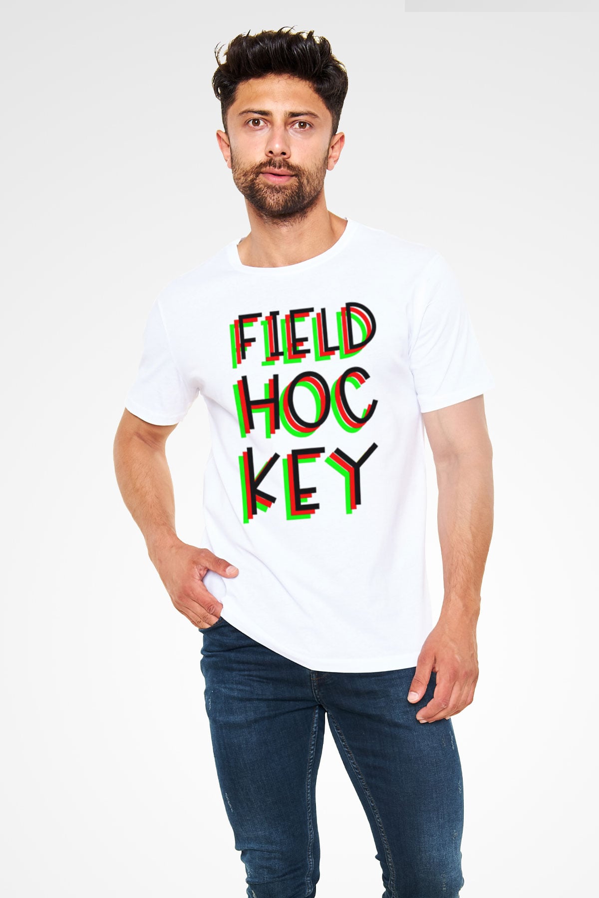 Çim Hokeyi Baskılı Unisex Beyaz Tişört - Tshirt