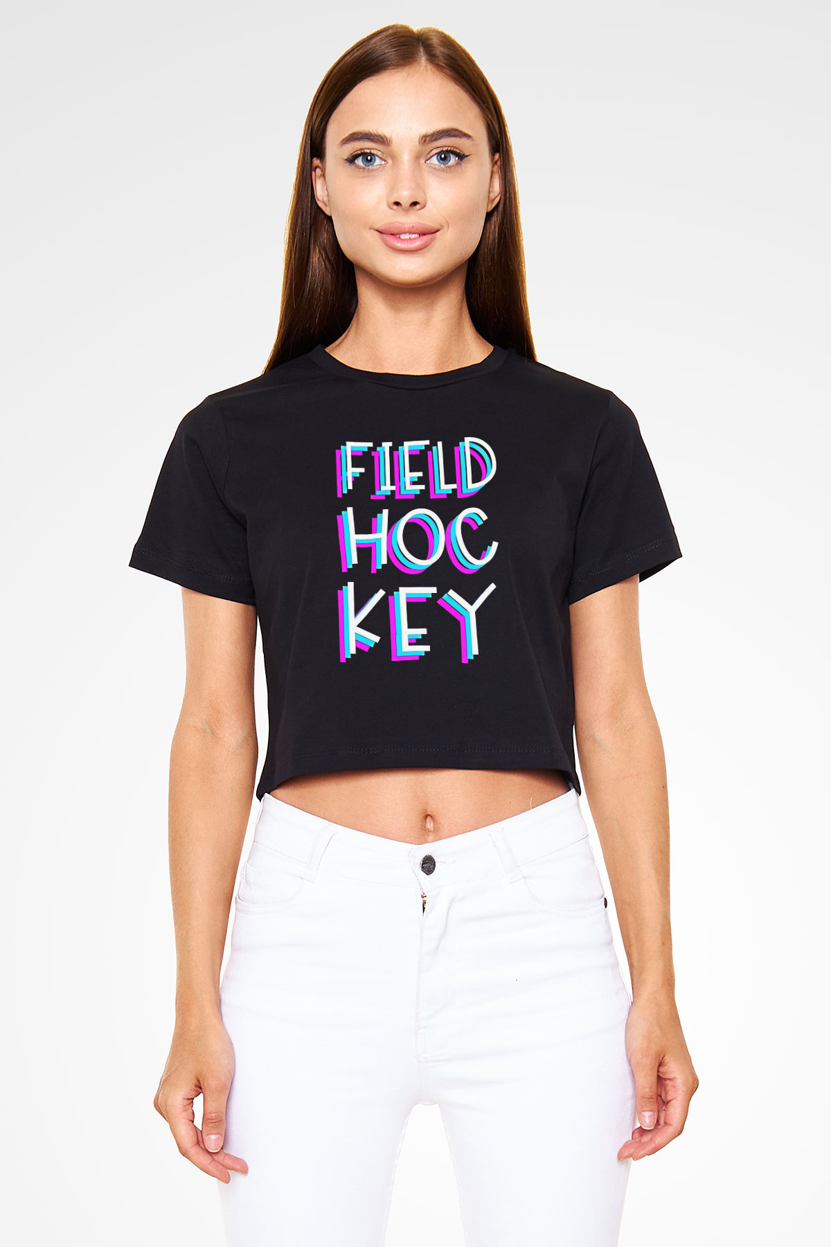Çim Hokeyi - Field Hockey Baskılı Crop Top Siyah Kadın Tişört - Tshirt