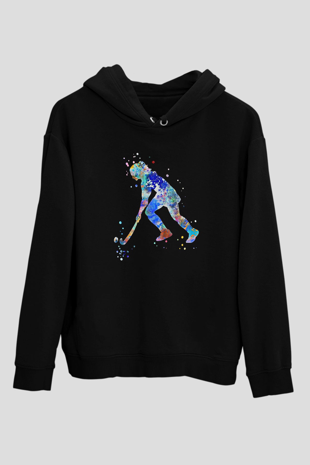 Çim Hokeyi - Field Hockey Baskılı Unisex Siyah Hoodie