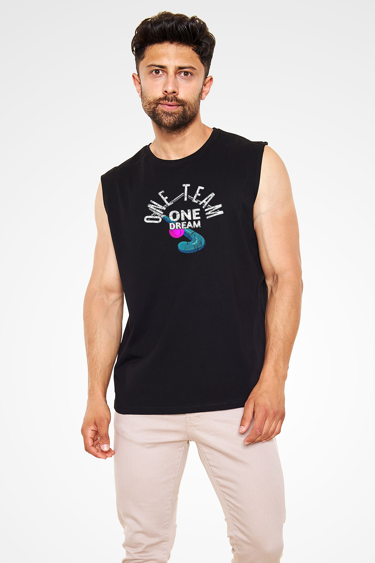 Çim Hokeyi - Field Hockey Baskılı Unisex Siyah Kolsuz Tişört