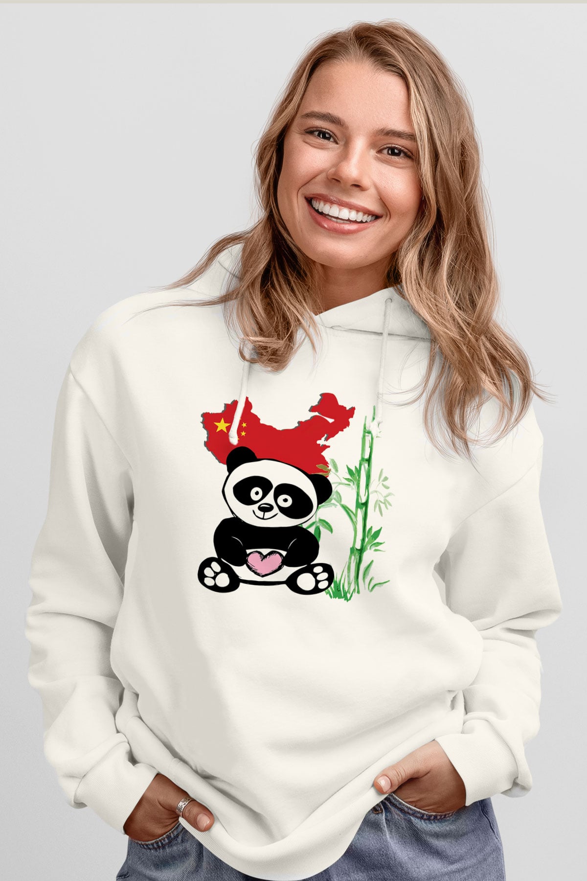 Çin Beyaz Unisex Kapşonlu Sweatshirt