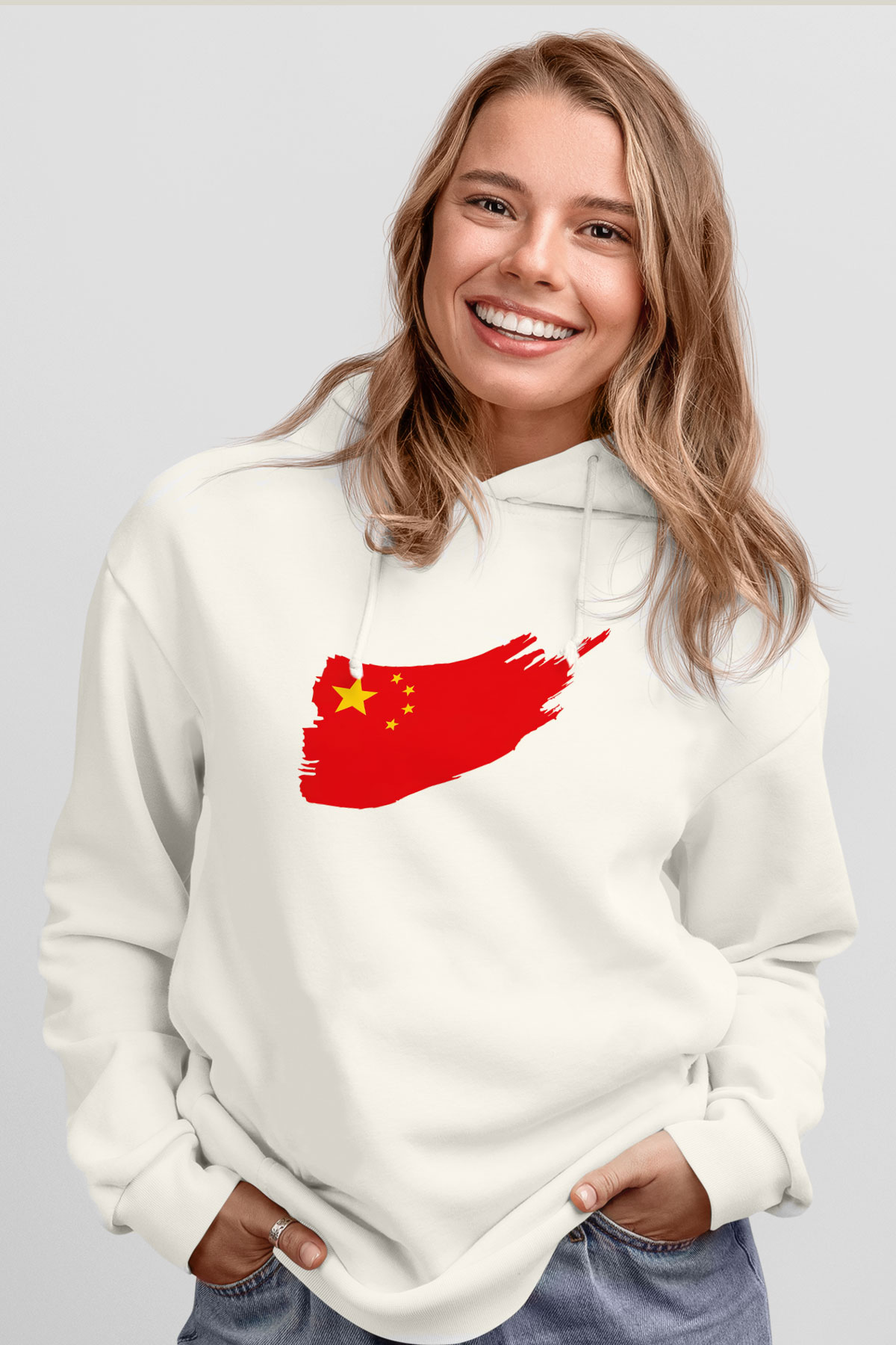Çin Beyaz Unisex Kapşonlu Sweatshirt