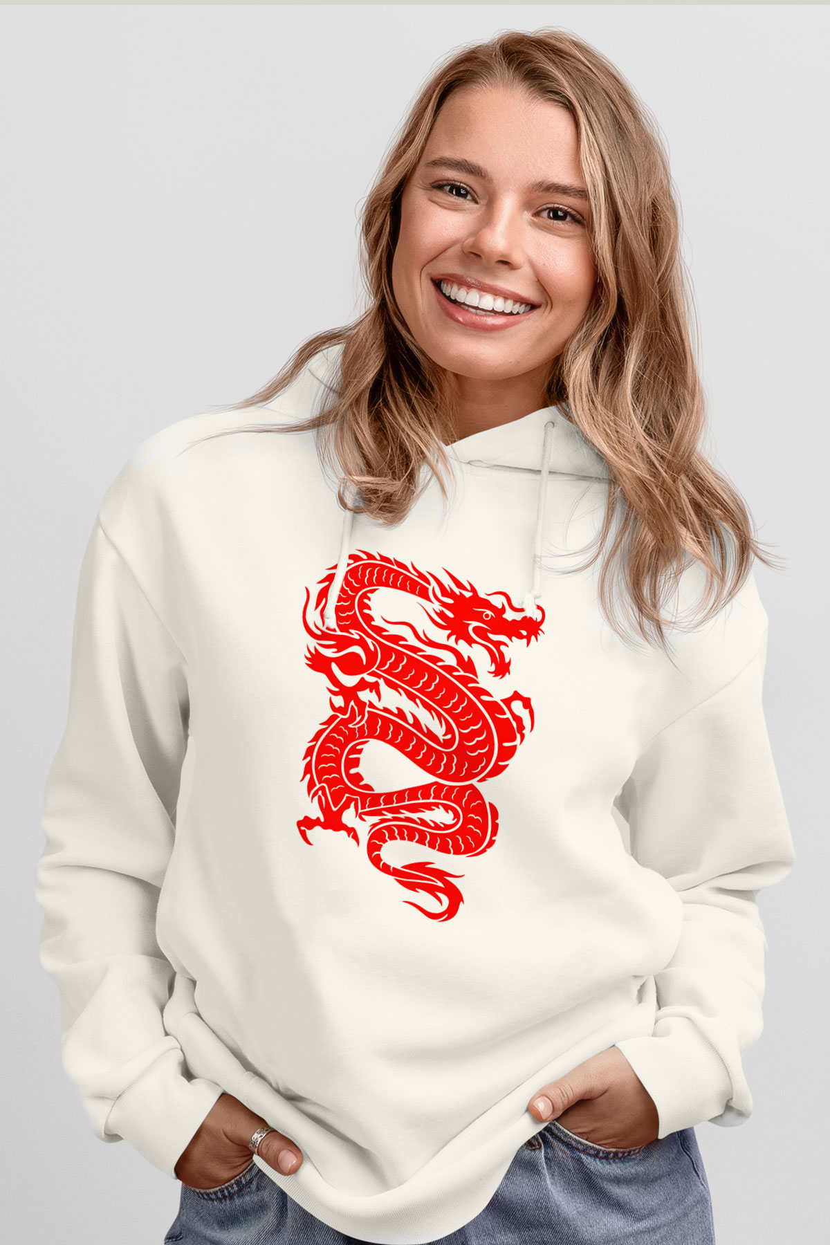 Çin Beyaz Unisex Kapşonlu Sweatshirt