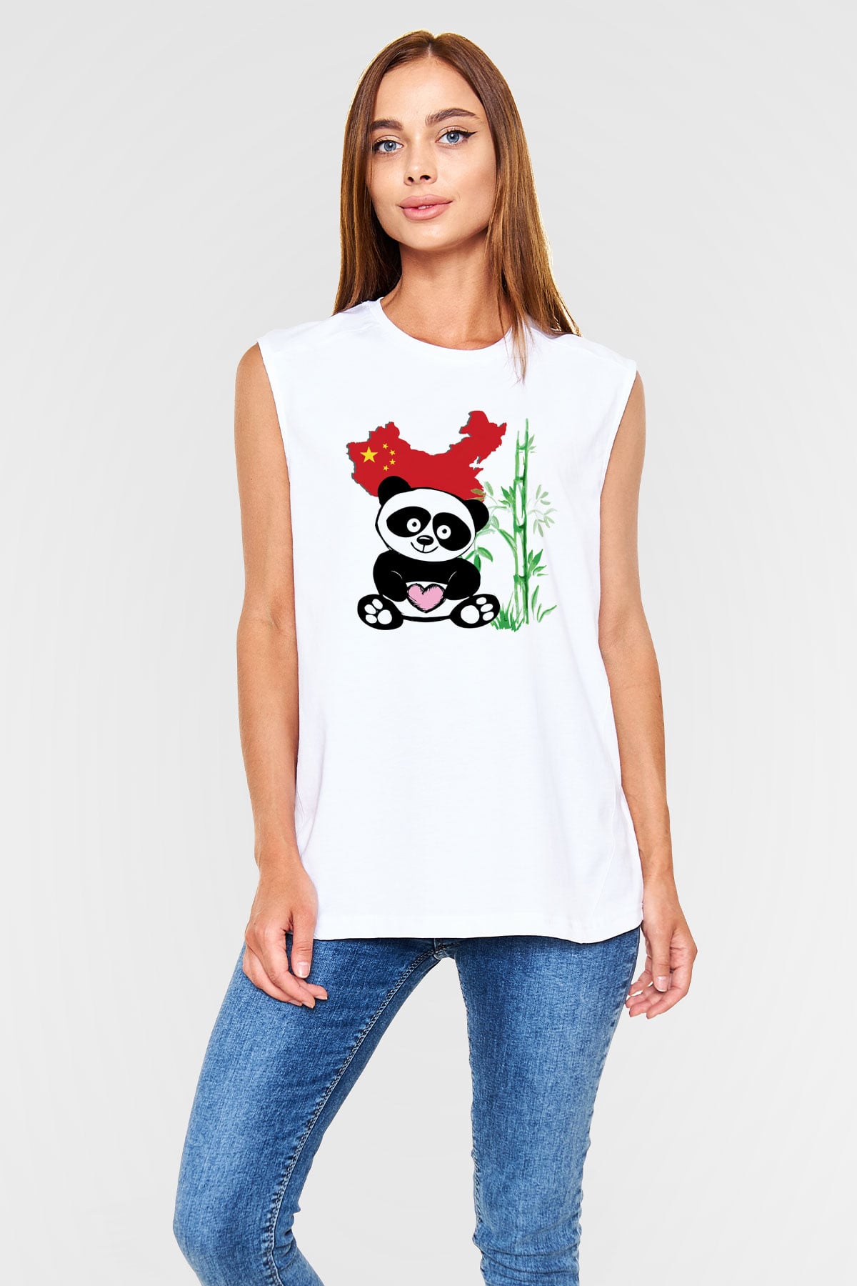 Çin Beyaz Unisex Kolsuz Tişört