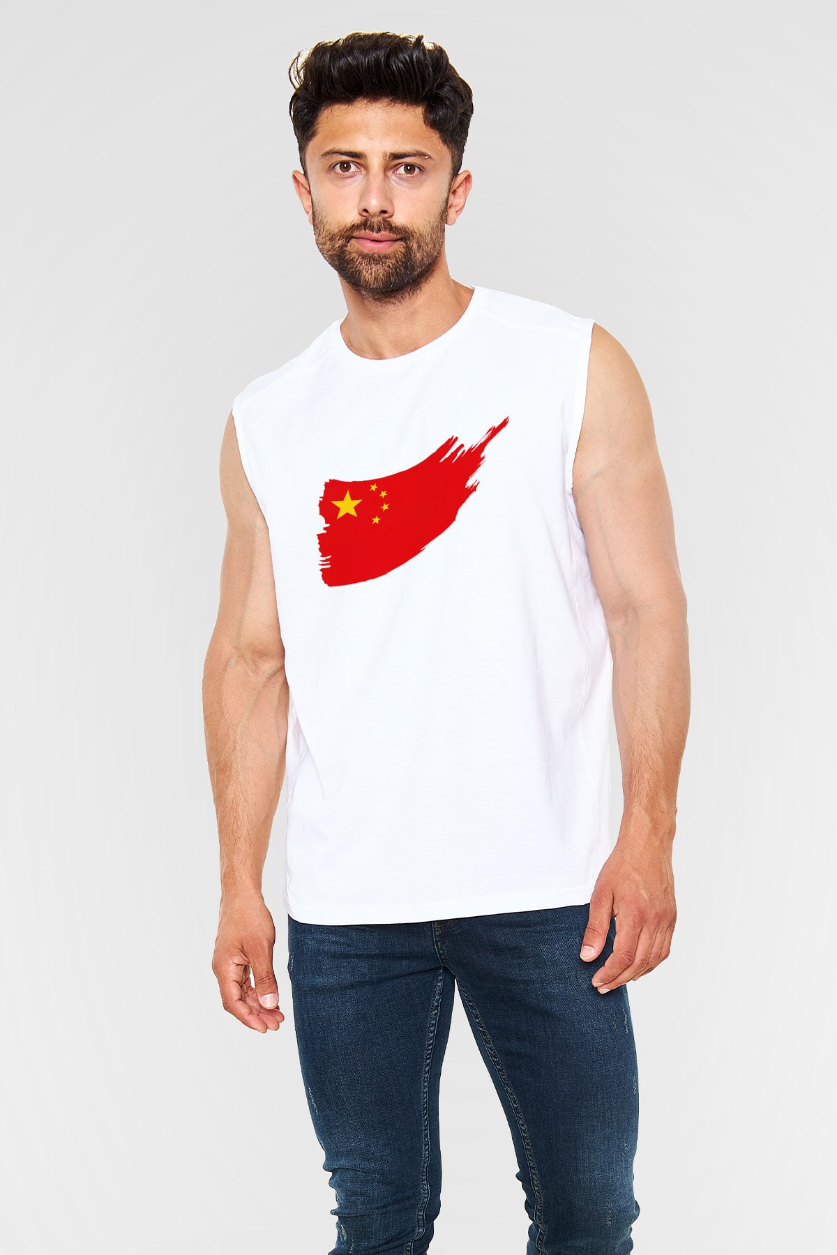 Çin Beyaz Unisex Kolsuz Tişört