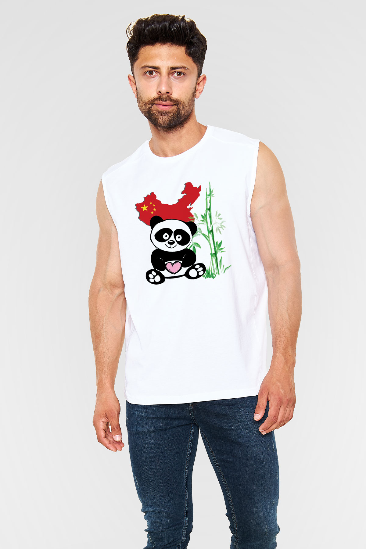 Çin Beyaz Unisex Kolsuz Tişört
