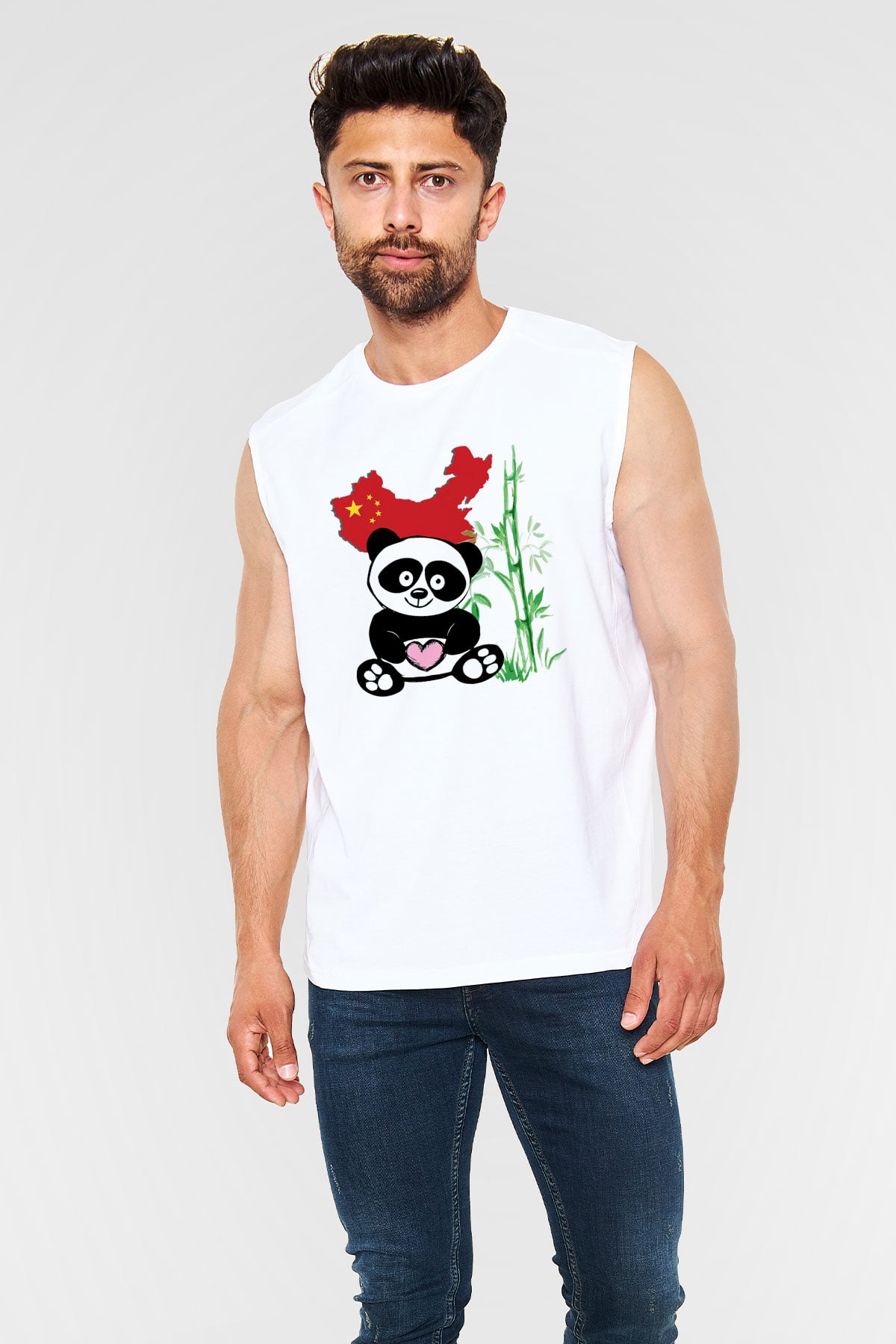 Çin Beyaz Unisex Kolsuz Tişört