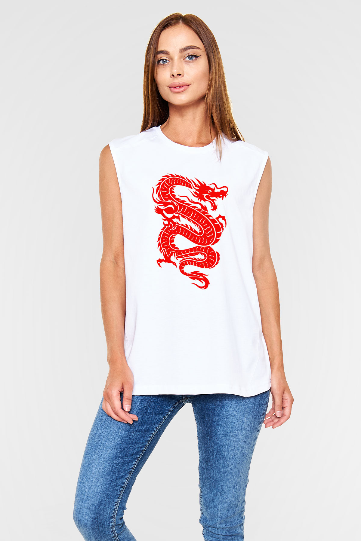 Çin Beyaz Unisex Kolsuz Tişört