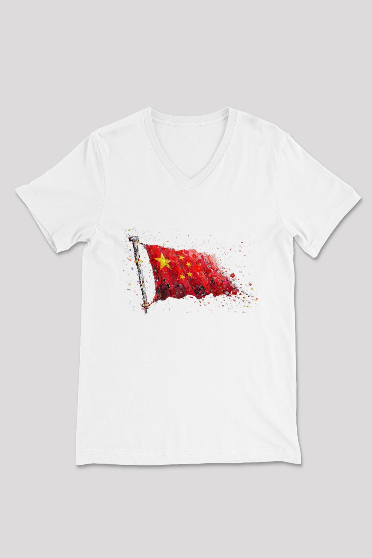Çin Beyaz Unisex V Yaka Tişört T-Shirt