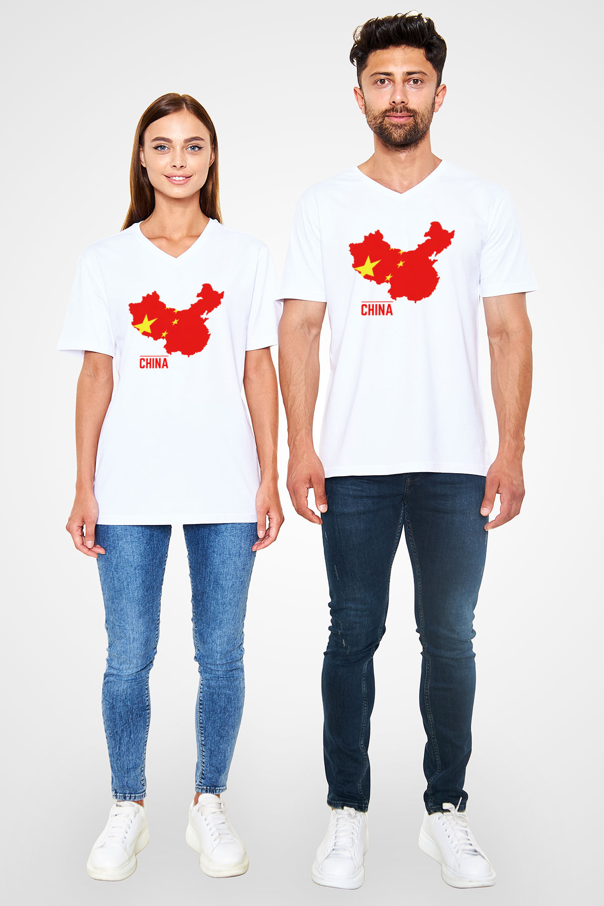 Çin Beyaz Unisex V Yaka Tişört T-Shirt