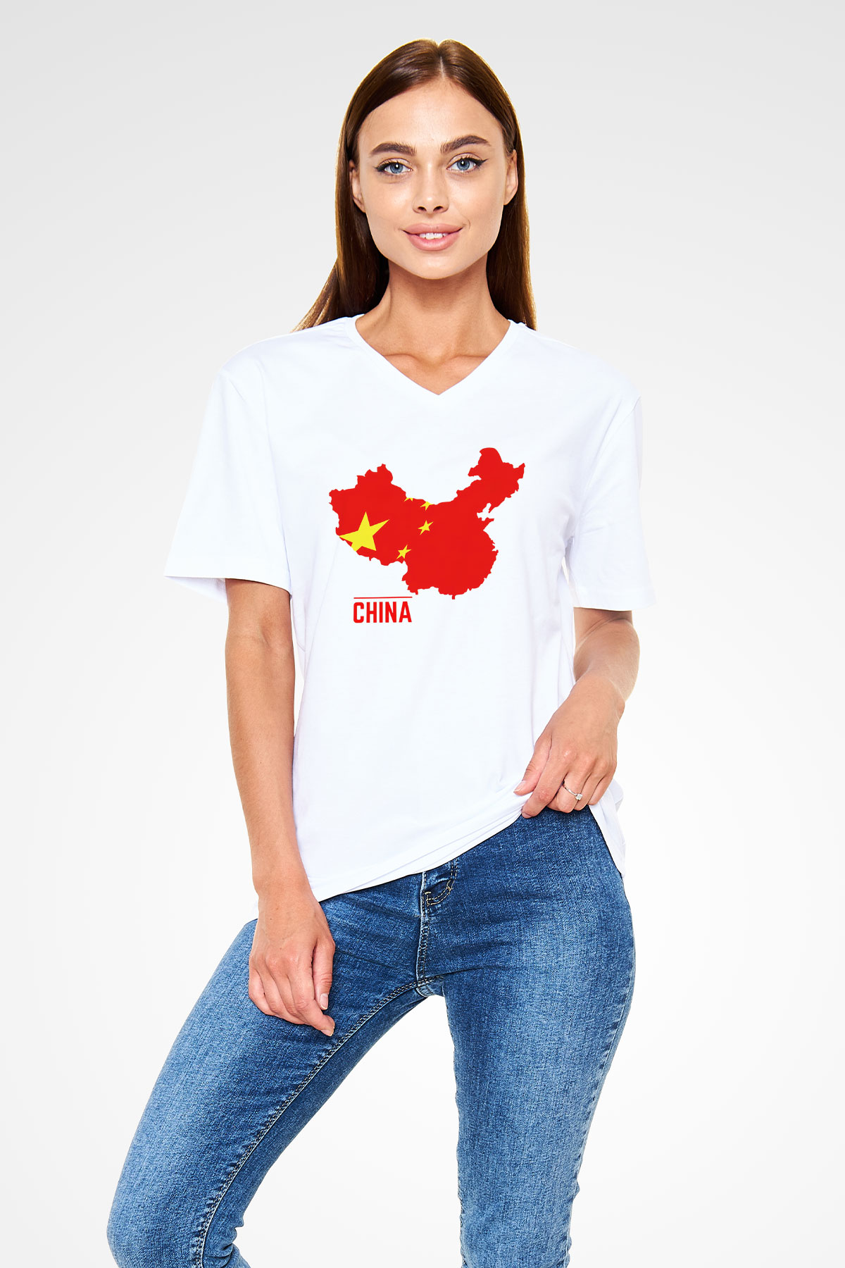 Çin Beyaz Unisex V Yaka Tişört T-Shirt