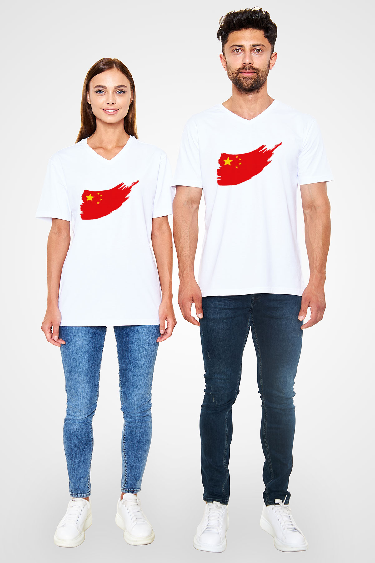 Çin Beyaz Unisex V Yaka Tişört T-Shirt