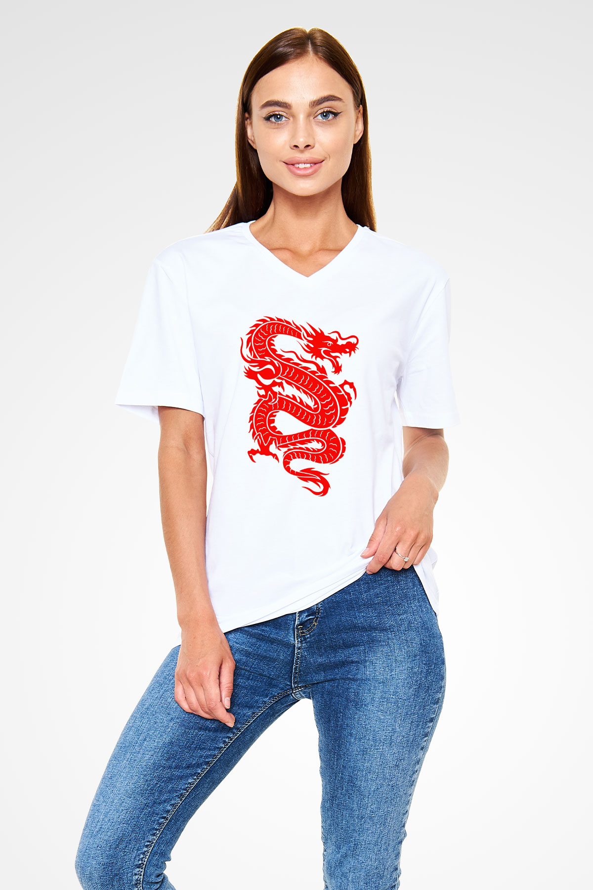 Çin Beyaz Unisex V Yaka Tişört T-Shirt