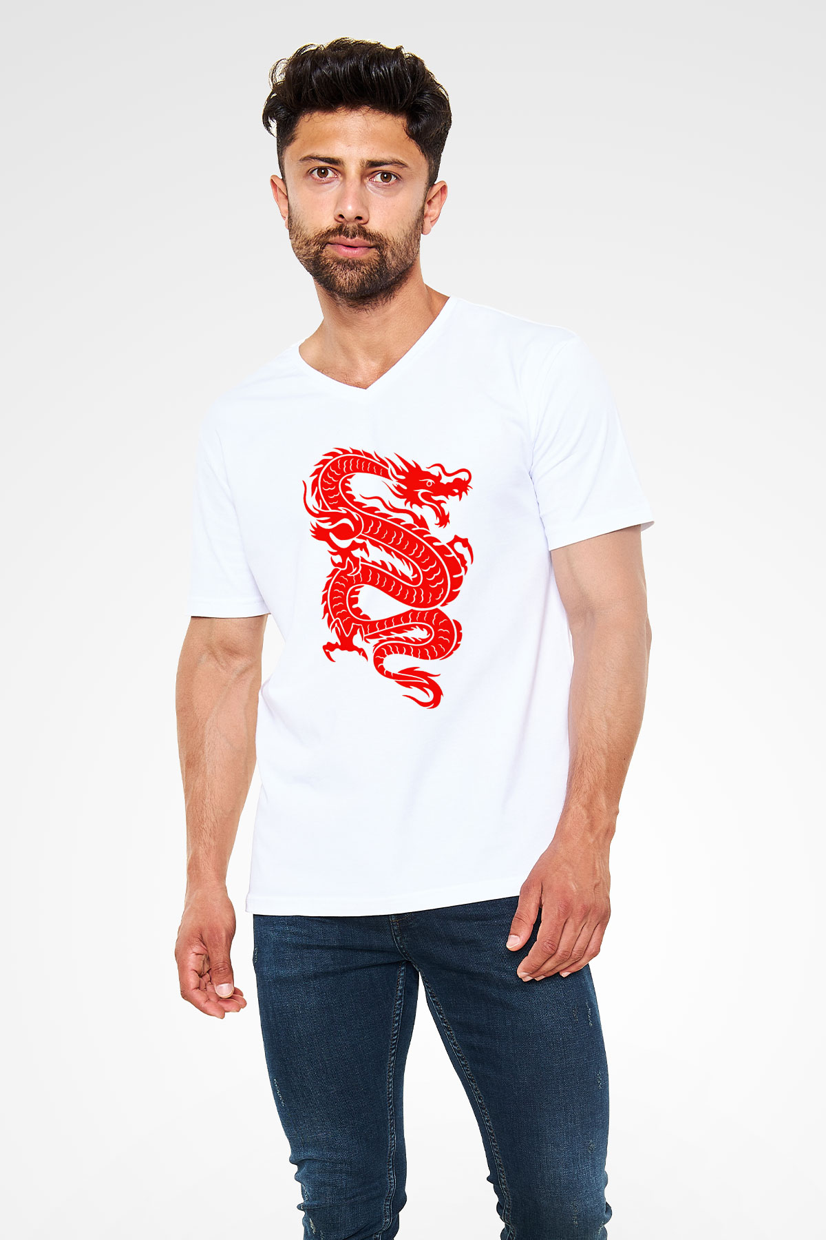 Çin Beyaz Unisex V Yaka Tişört T-Shirt