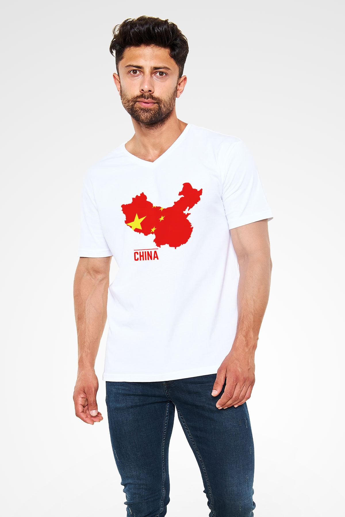 Çin Beyaz Unisex V Yaka Tişört T-Shirt