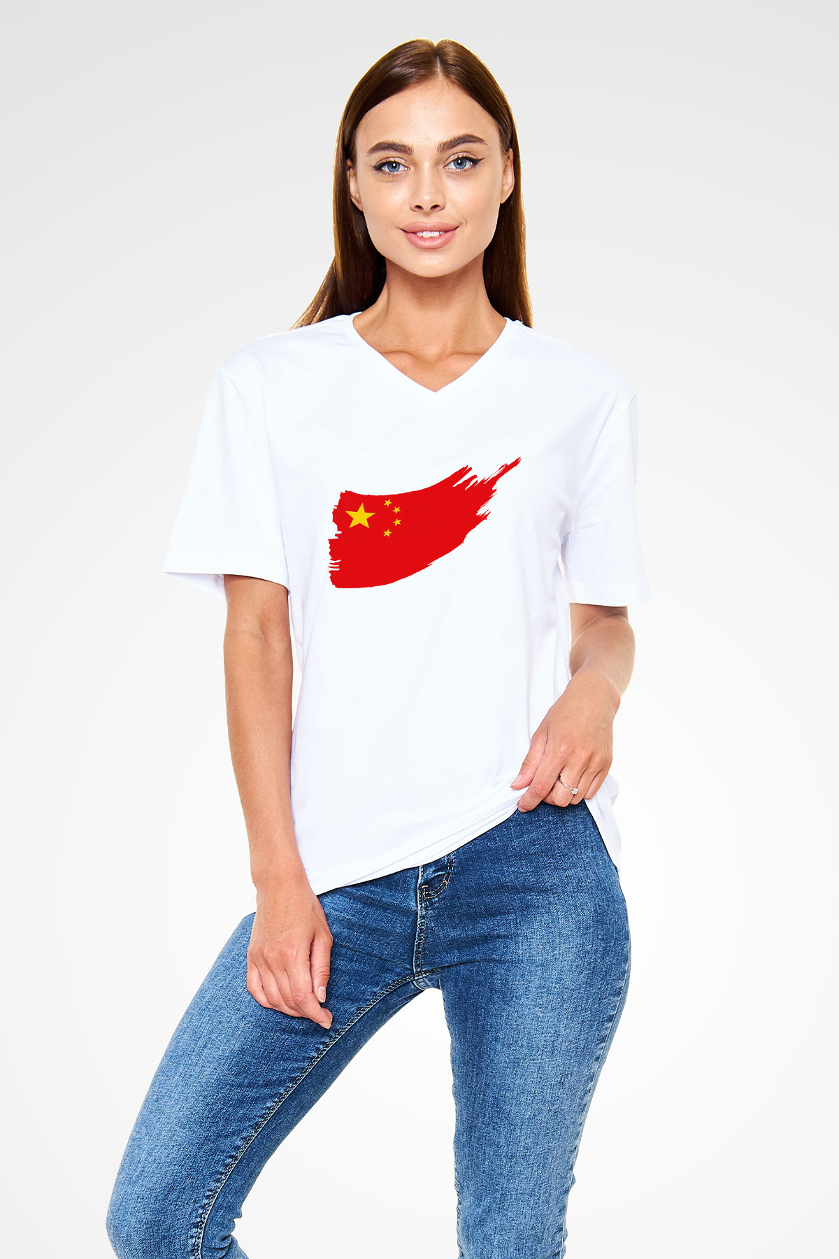 Çin Beyaz Unisex V Yaka Tişört T-Shirt