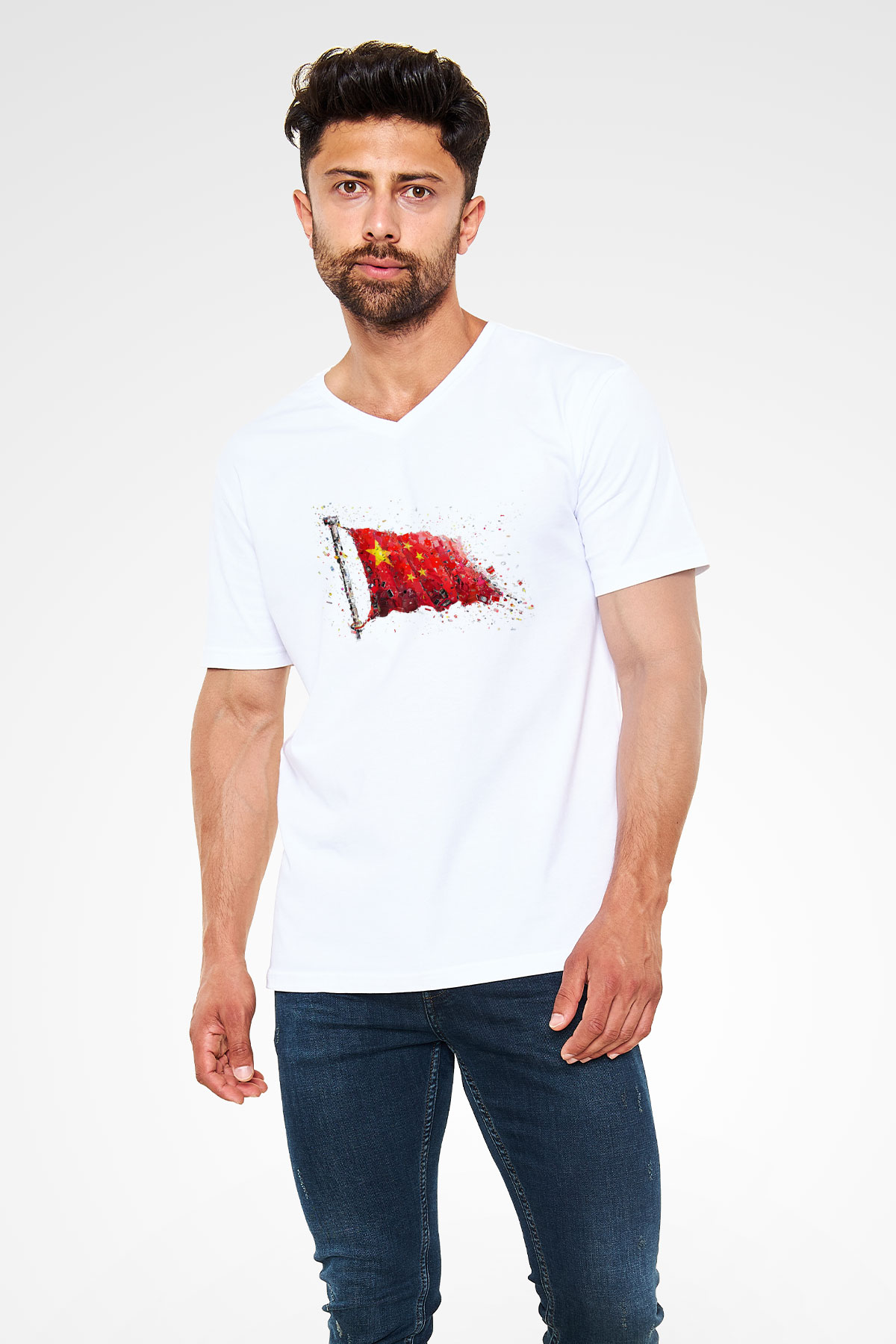 Çin Beyaz Unisex V Yaka Tişört T-Shirt